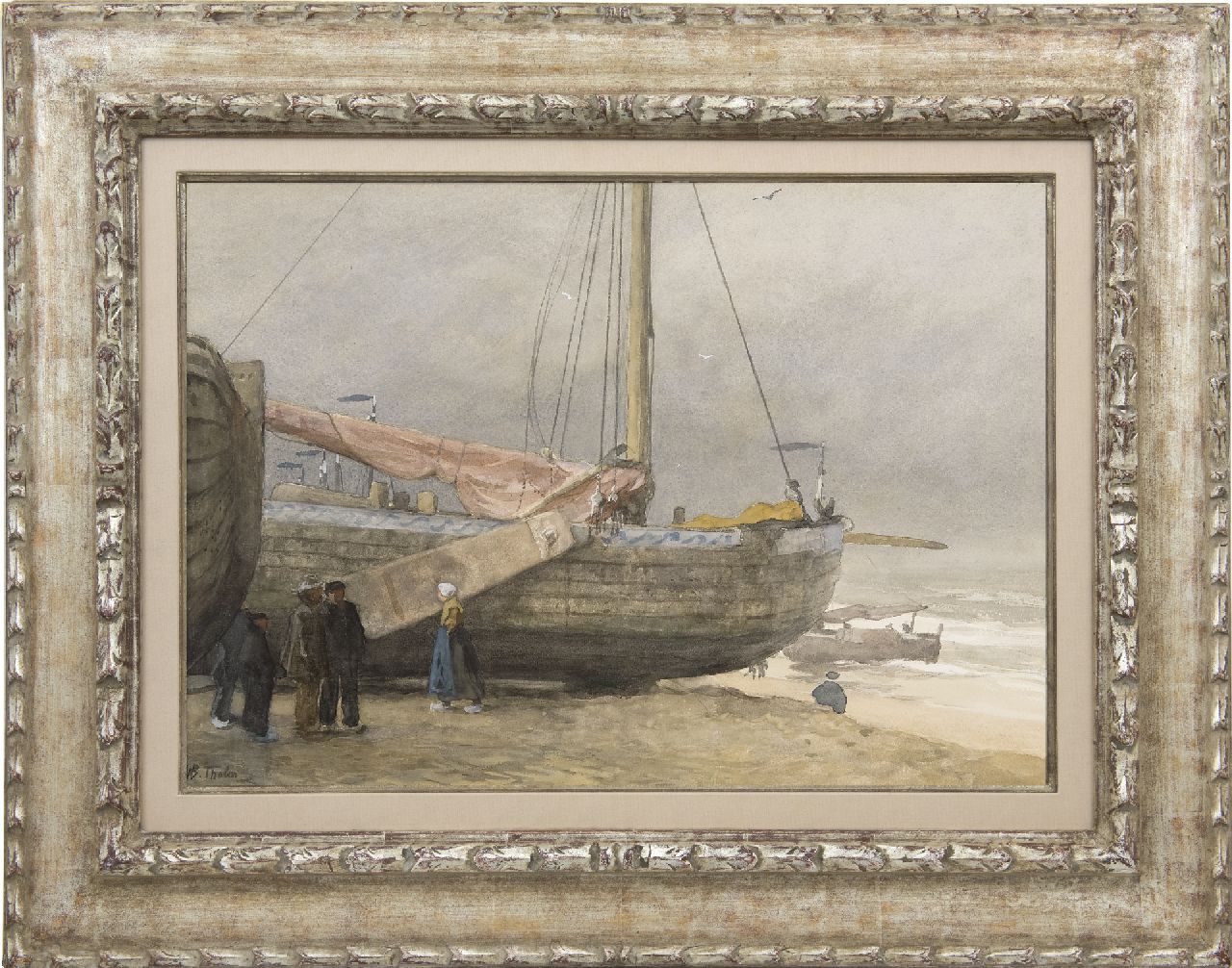 Tholen W.B.  | Willem Bastiaan Tholen | Watercolours and drawings offered for sale | Fisherfolk and boats on the Scheveningen beach, watercolour on paper 37.4 x 53.4 cm, signed l.l.