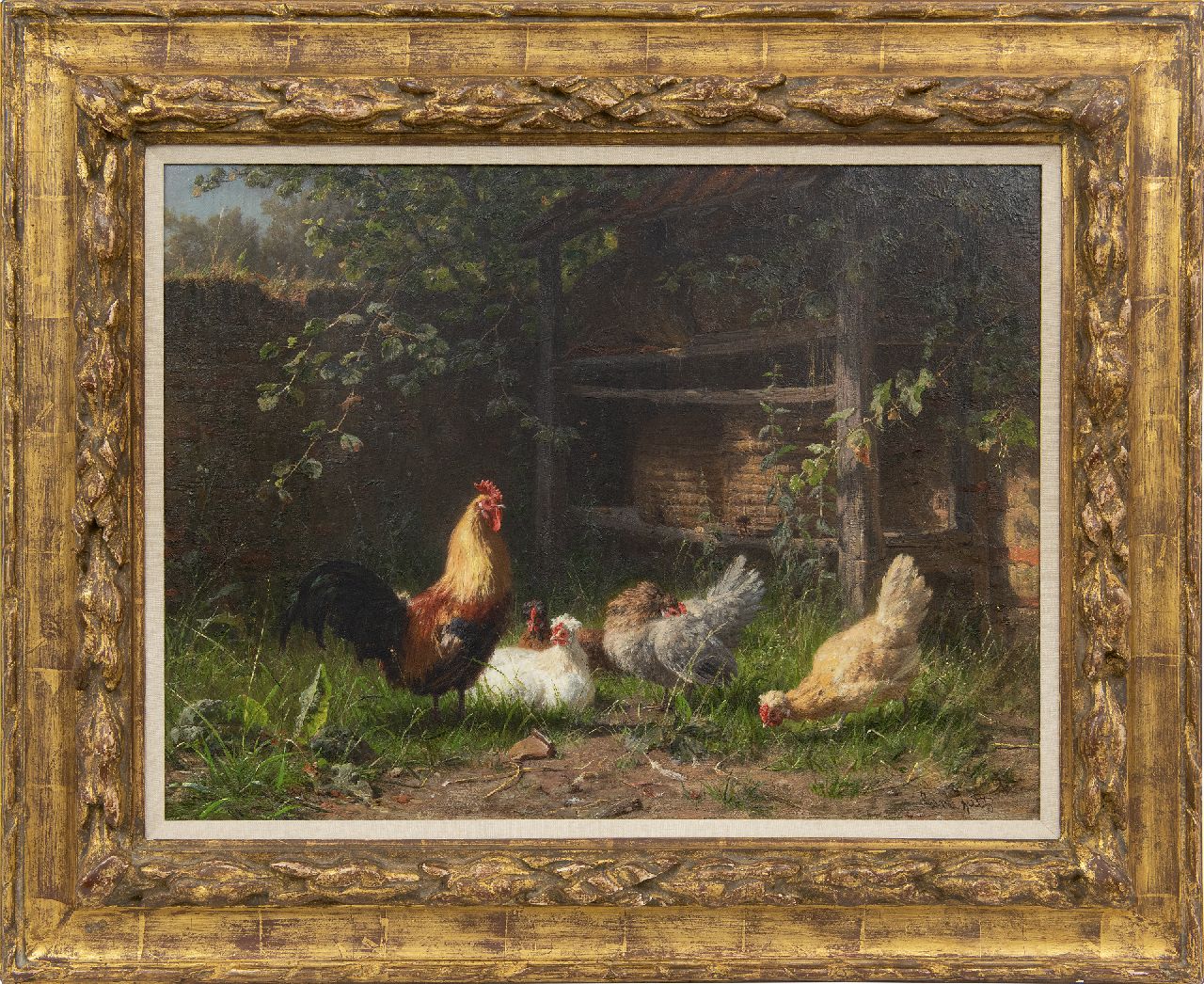 Jutz C.  | Carl Jutz | Paintings offered for sale | A rooster and chickens near beehives, oil on canvas 43.0 x 58.0 cm, signed l.r.