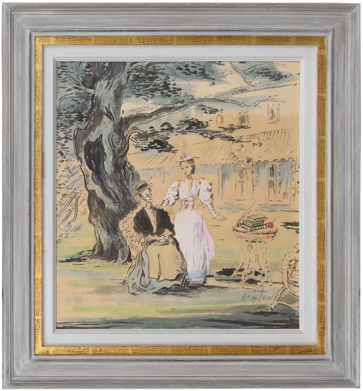 Beaton C.W.H.  | Cecil Walter Hardy Beaton | Watercolours and drawings offered for sale | A scene from the play The Importance of being Earnest: Miss Prism and Cecily, Indian ink and watercolour on paper 46.5 x 49.5 cm, signed l.r.