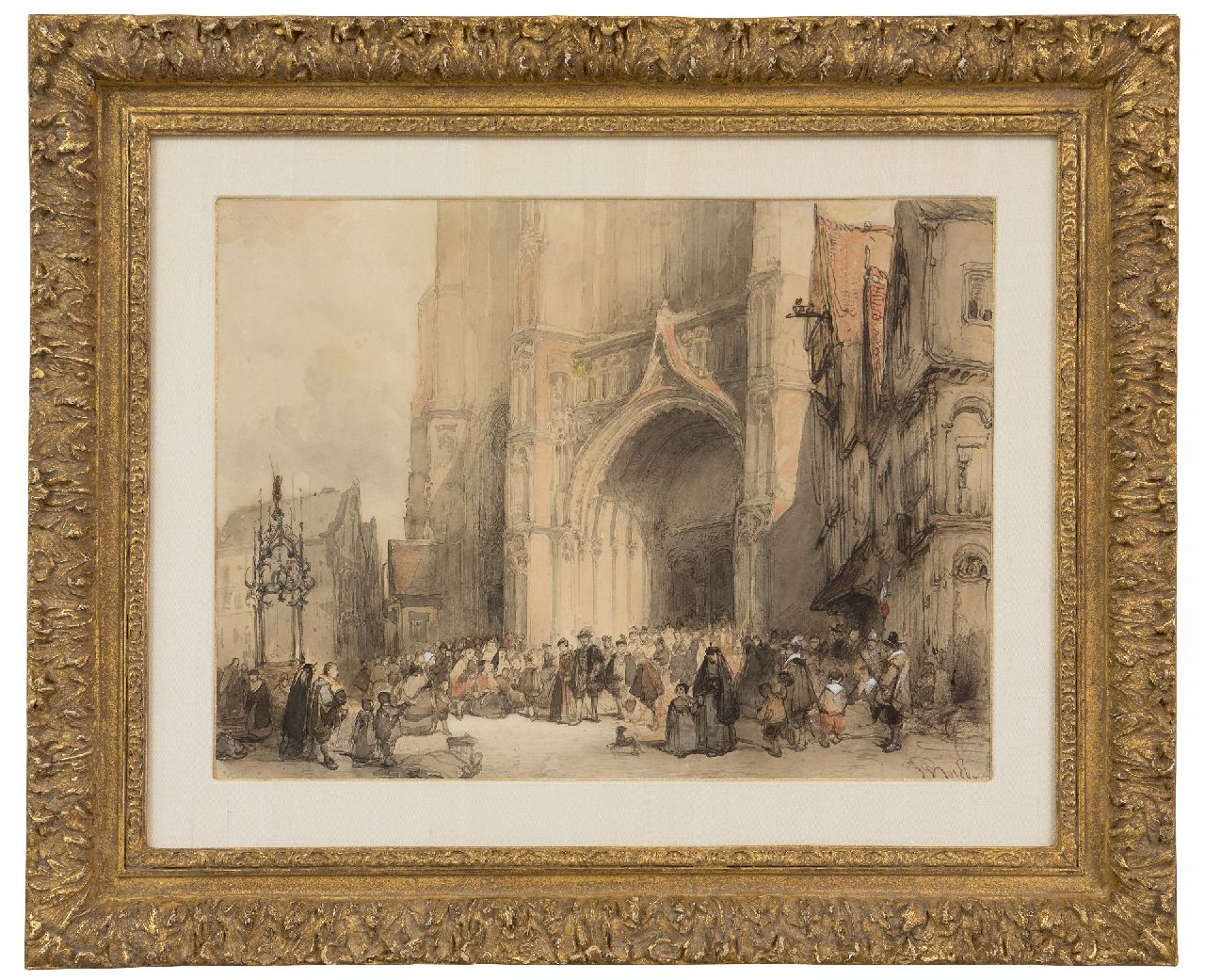 Bosboom J.  | Johannes Bosboom, The cathedral of Antwerpen after service, ink, chalk and watercolour on paper 30.7 x 40.7 cm, signed l.r.