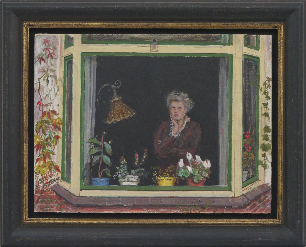 Kamerlingh Onnes H.H.  | 'Harm' Henrick Kamerlingh Onnes, A woman in an bay window, oil on board 30.2 x 40.0 cm, signed l.r. with monogram and dated '50