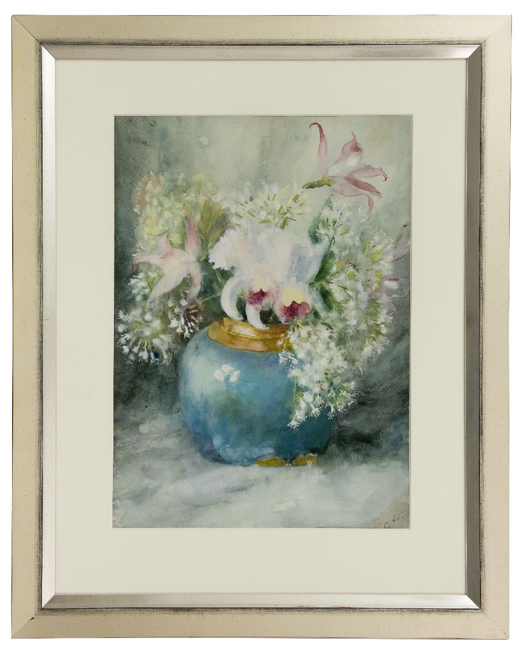 Limburg Stirum A.M.E.C. van | Anna Marguérite Elisabeth Caroline 'Caro' van Limburg Stirum, Flowers in a blue vase, watercolour on paper 47.0 x 33.5 cm, signed l.r. with initials