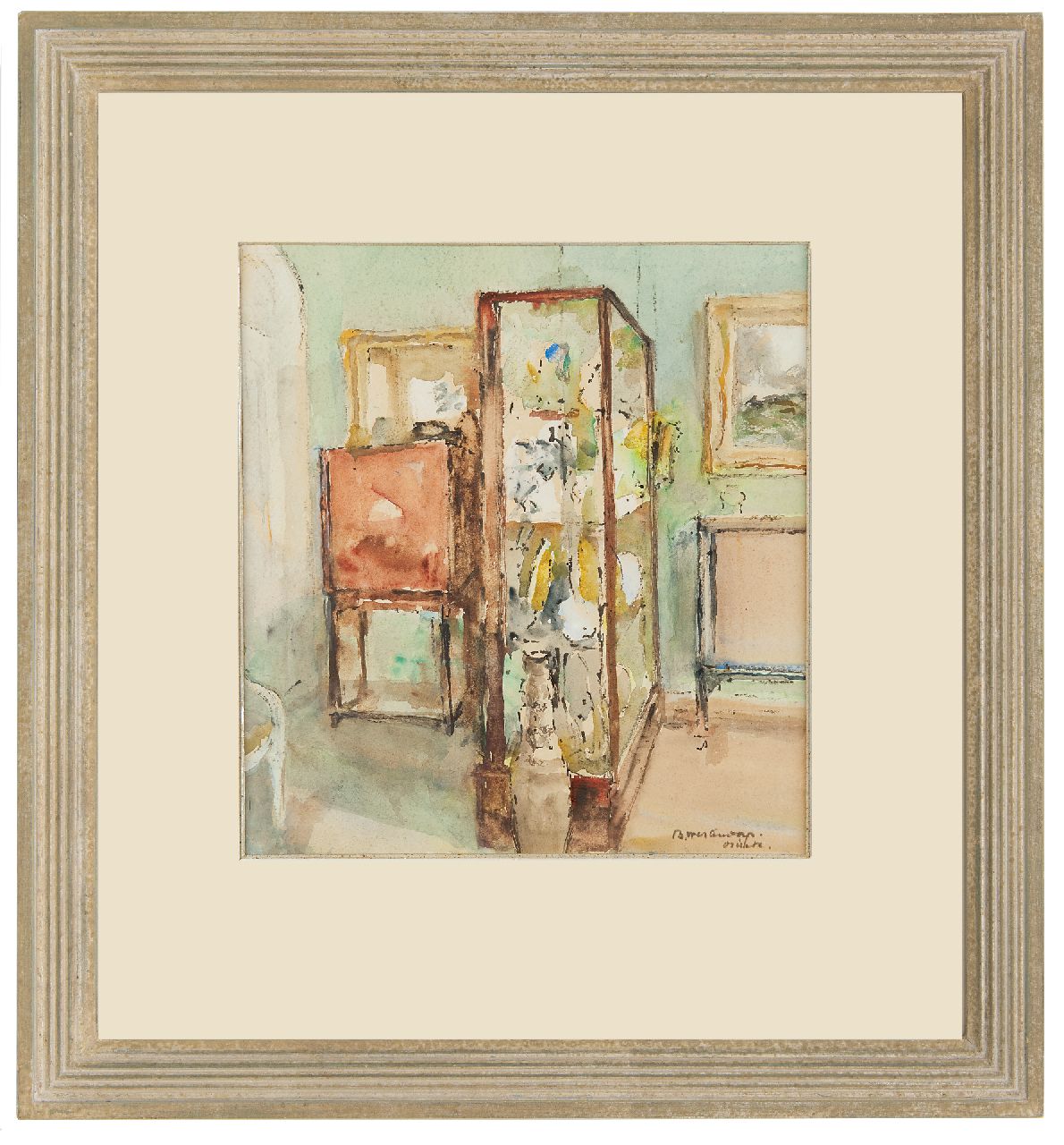 Westendorp-Osieck J.E.  | Johanna Elisabeth 'Betsy' Westendorp-Osieck | Watercolours and drawings offered for sale | Interior with a showcase, watercolour on paper 32.0 x 30.0 cm, signed l.r.