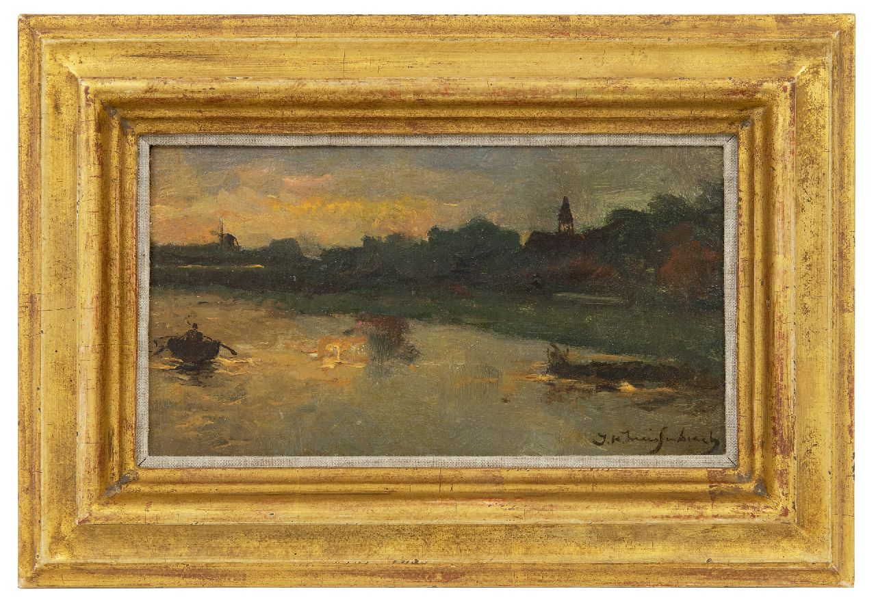 Weissenbruch H.J.  | Hendrik Johannes 'J.H.' Weissenbruch, Sunset near Noorden, oil on panel 12.4 x 22.4 cm, signed l.r. and painted in the 1890's