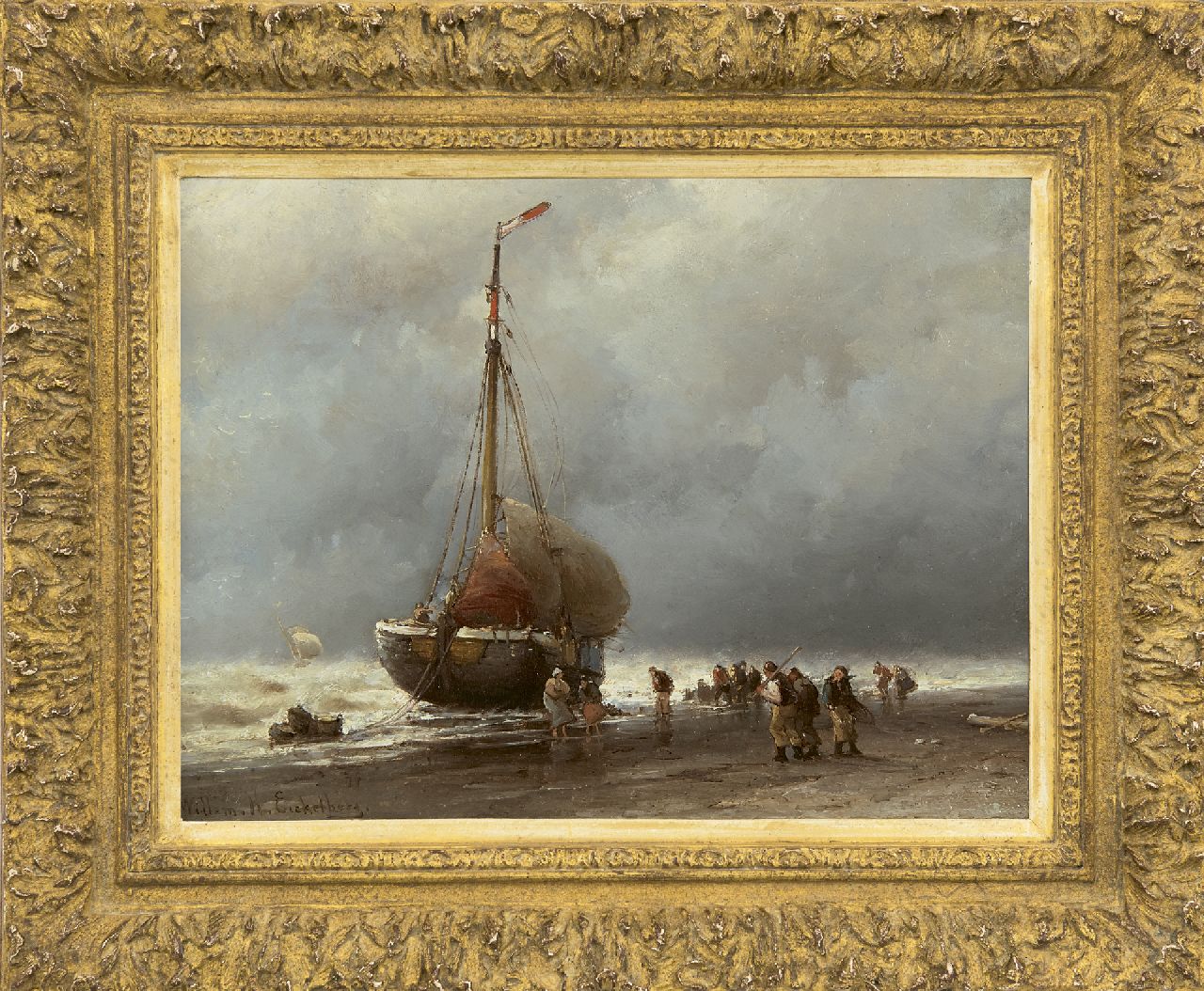 Eickelberg W.H.  | Willem Hendrik Eickelberg | Paintings offered for sale | Bringing in the catch in a storm, oil on panel 26.8 x 35.0 cm, signed l.l.