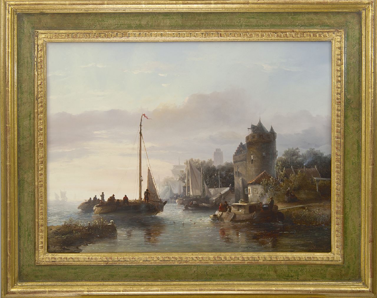 Verveer S.L.  | 'Salomon' Leonardus Verveer, Activity on the river, the Grote Kerk of Dordrecht in the distance, oil on panel 42.8 x 57.9 cm, signed l.r. and dated '47