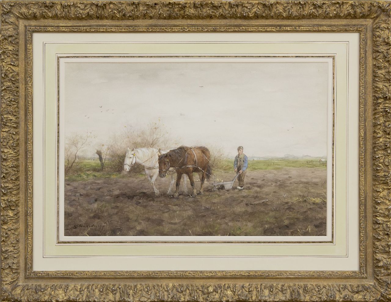 Groenewegen A.J.  | Adrianus Johannes Groenewegen | Watercolours and drawings offered for sale | Ploughing farmer, watercolour on paper 35.2 x 52.4 cm, signed l.l.