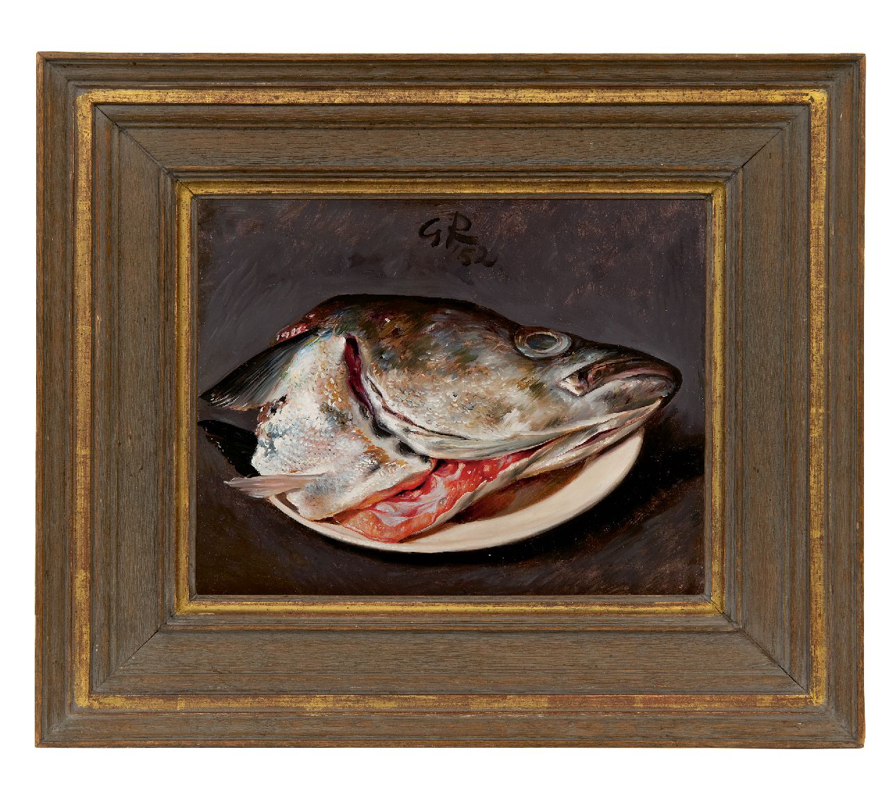 Röling G.V.A.  | Gerard Victor Alphons Röling | Paintings offered for sale | A salmon head on a plate, oil on board 25.1 x 30.3 cm, signed upper centre with initials and in full reverse and dated '52 and 1952 on the reverse