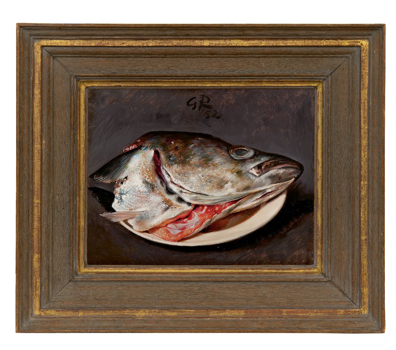 Röling G.V.A.  | Gerard Victor Alphons 'Gé' Röling | Paintings offered for sale | A salmon head on a plate, oil on board 25.1 x 30.3 cm, signed upper centre with initials and in full reverse and dated '52 and 1952 on the reverse