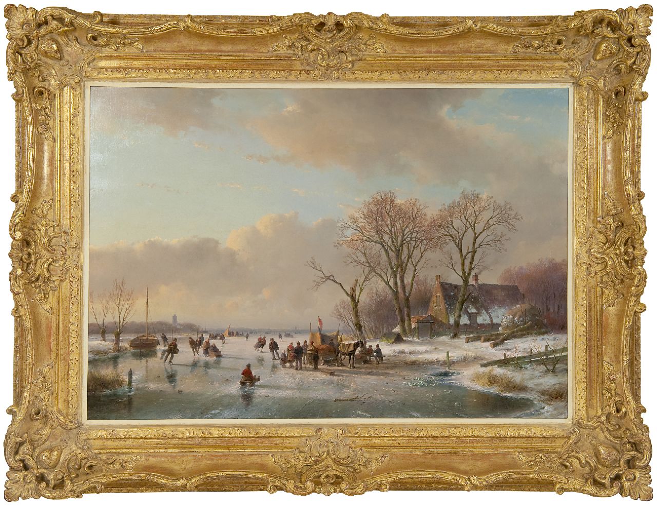 Schelfhout A.  | Andreas Schelfhout, Skaters on a frozen river, oil on canvas 65.3 x 93.1 cm, signed l.l. and painted ca. 1850-1860