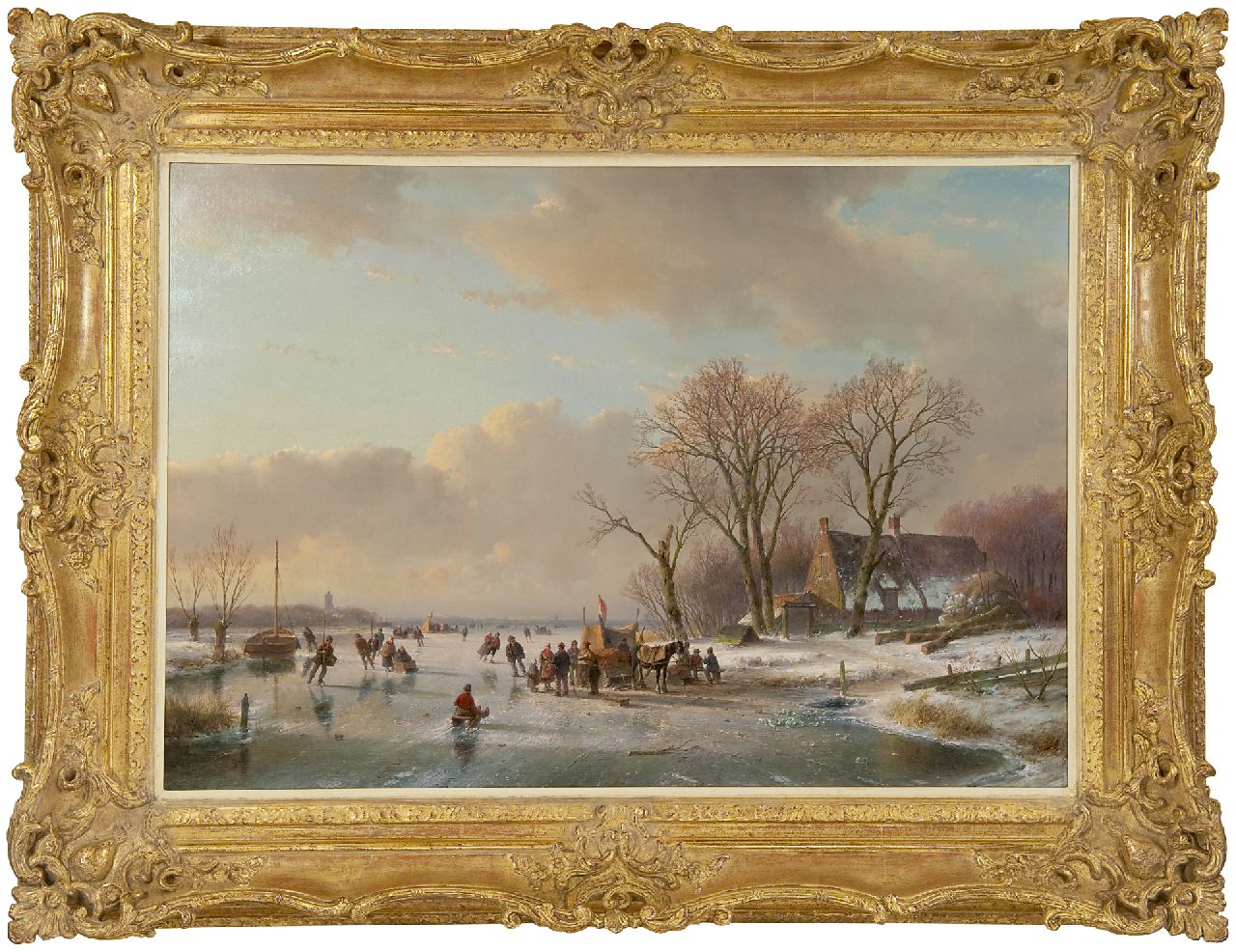 Schelfhout A.  | Andreas Schelfhout | Paintings offered for sale | Skaters on a frozen river, oil on canvas 65.3 x 93.1 cm, signed l.l. and executed ca. 1850-1860