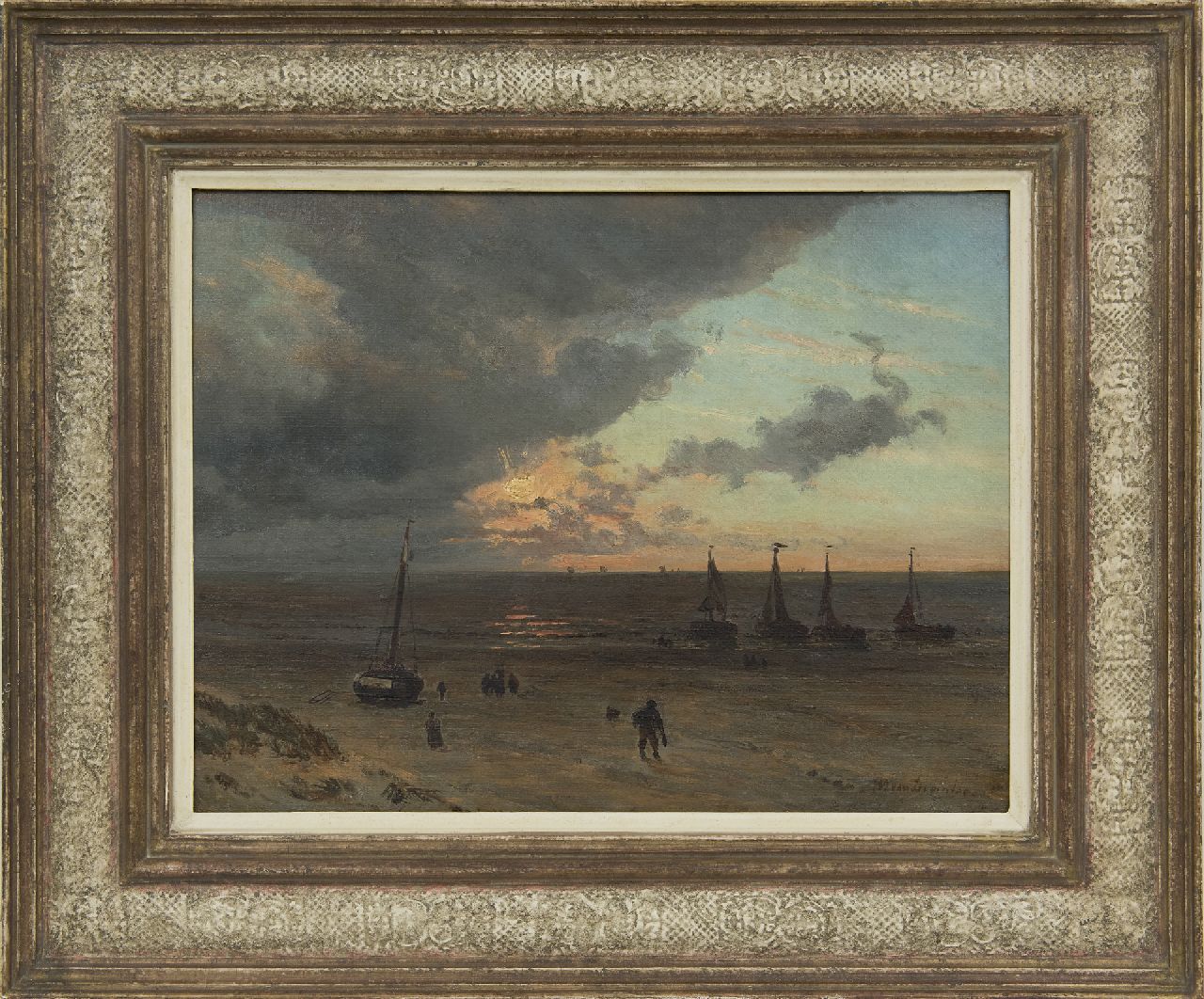 Deventer W.A. van | 'Willem' Anthonie van Deventer | Paintings offered for sale | A view of a beach with fishermen, oil on paper laid down on panel 32.0 x 41.6 cm, signed l.r.