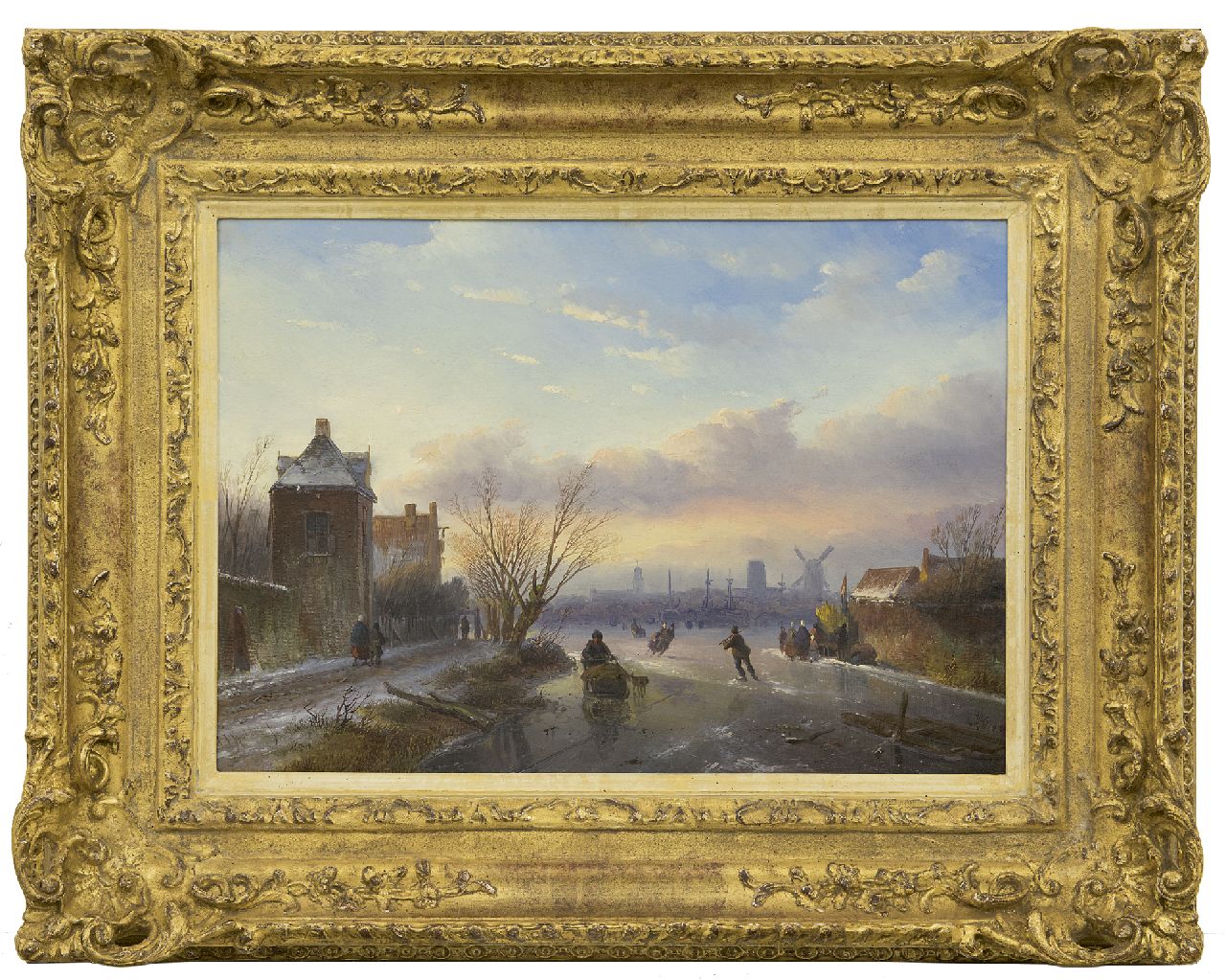 Spohler J.J.  | Jan Jacob Spohler, Skaters on a frozen river with a town in the distance, oil on panel 30.5 x 43.0 cm, signed l.l.