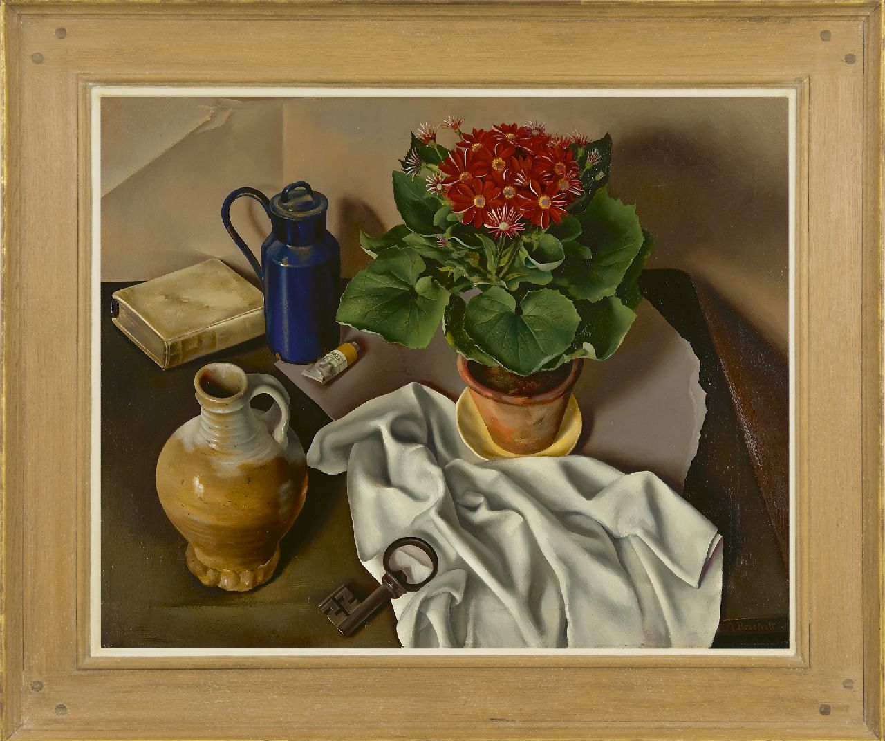 Breetvelt A.  | Adolf 'Dolf' Breetvelt, A still life with a plant, jug and key, oil on canvas 60.4 x 75.1 cm, signed l.r. and dated '22 (key)