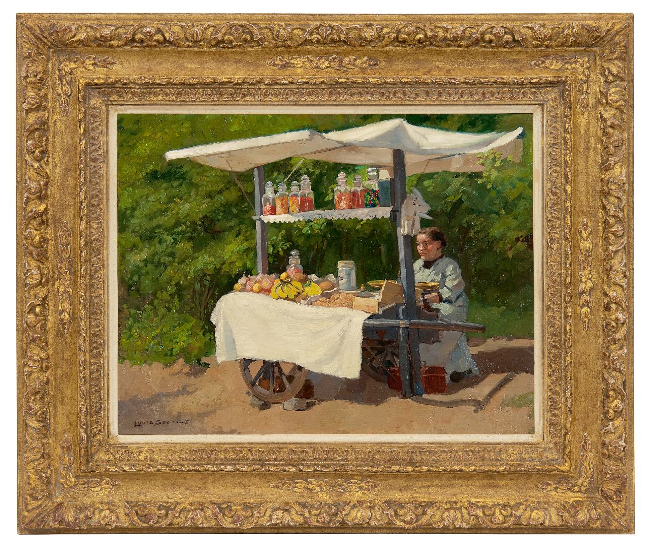 Soonius L.  | Lodewijk 'Louis' Soonius | Paintings offered for sale | Woman with a candy- and fruit cart, oil on canvas laid down on panel 34.9 x 45.3 cm, signed l.l.