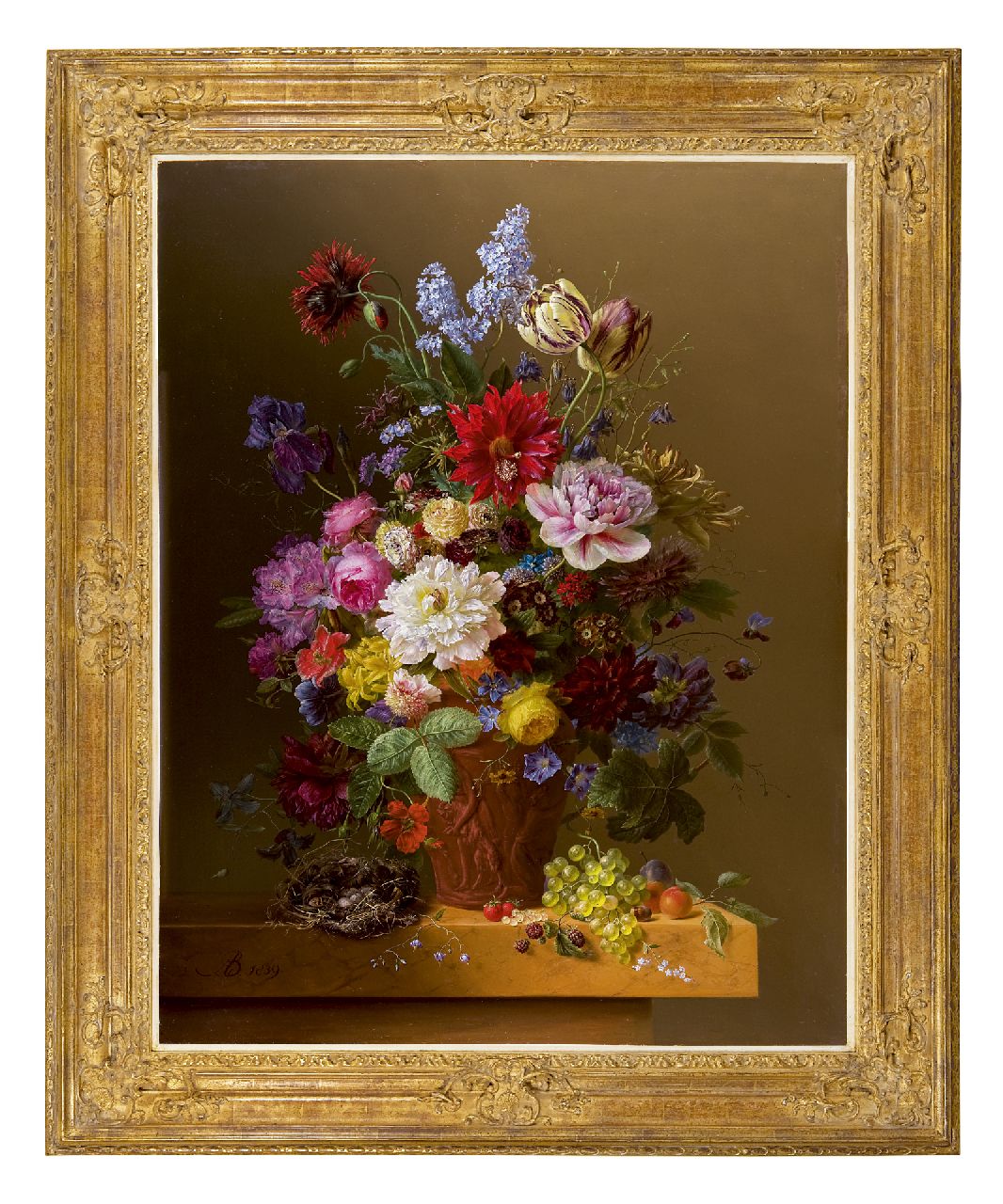 Bloemers A.  | Arnoldus Bloemers, Flowers in a terracotta vase on a marble ledge, oil on panel 104.2 x 81.4 cm, signed l.l. with monogram and dated 1839