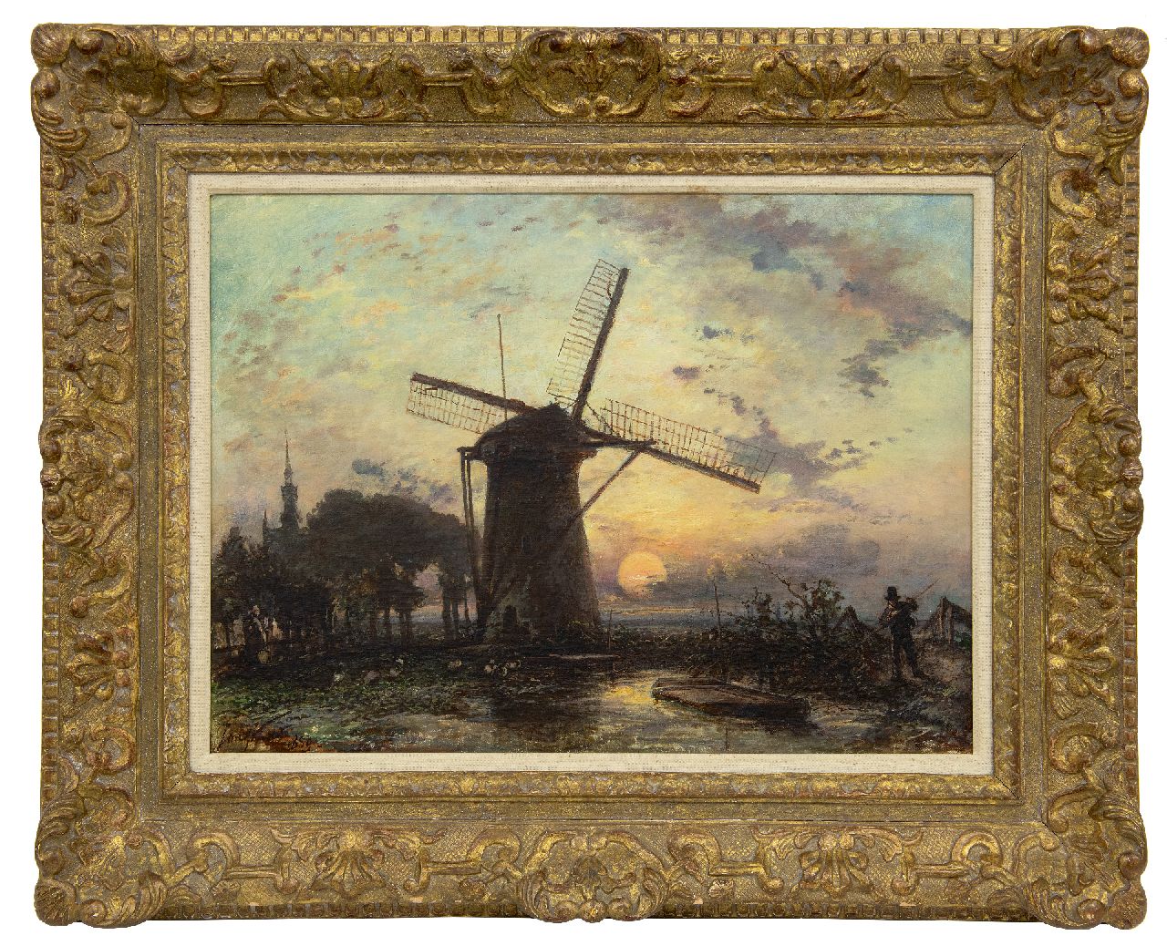 Jongkind J.B.  | Johan Barthold Jongkind | Paintings offered for sale | Windmill at sunset near Overschie, oil on canvas 42.3 x 56.2 cm, signed l.l. and dated 1859