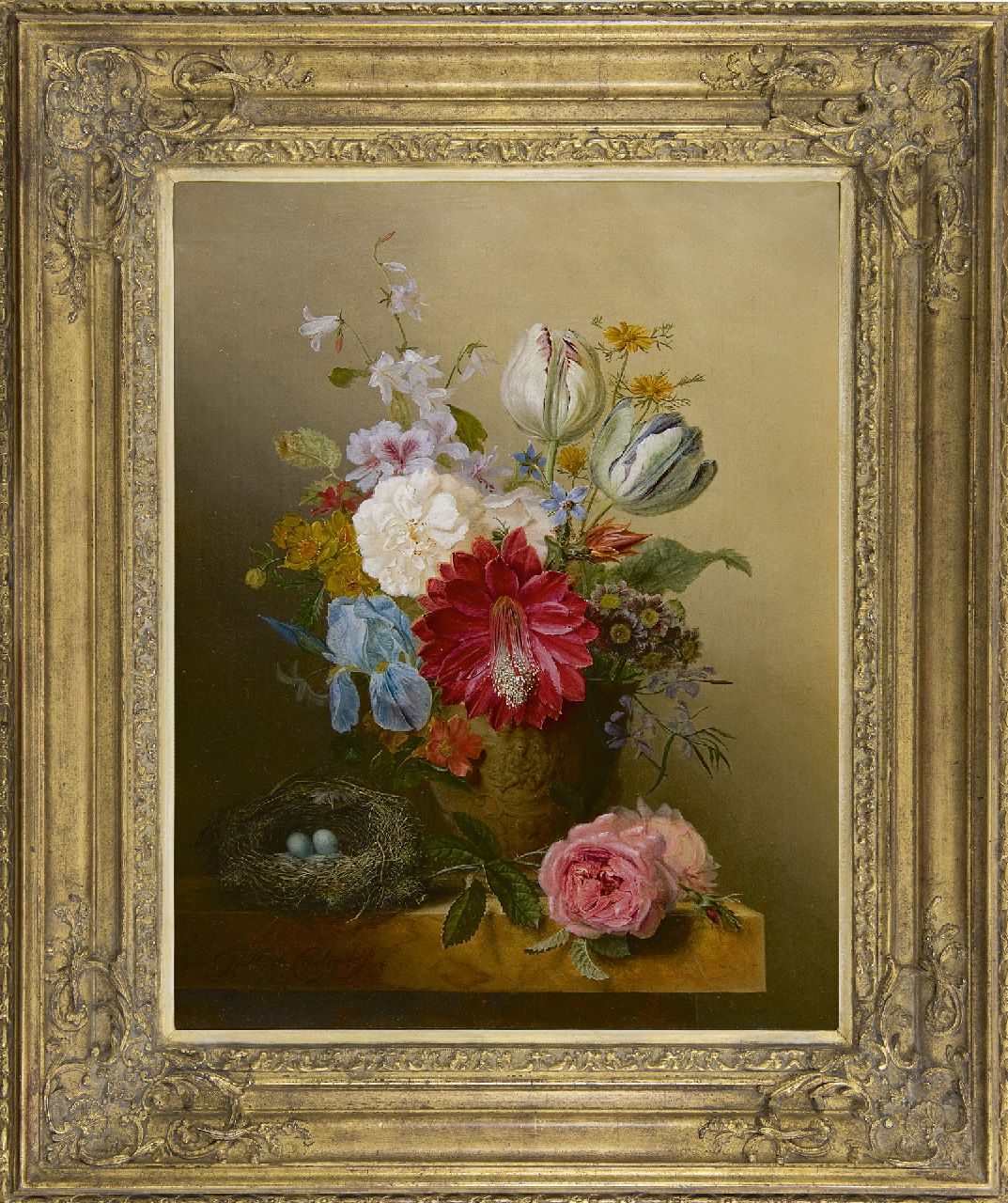 Henriques de Castro G.  | Gabriël Henriques de Castro | Paintings offered for sale | A still life with flowers and a bird's nest, oil on canvas 55.9 x 44.2 cm, signed l.l. and dated 1837