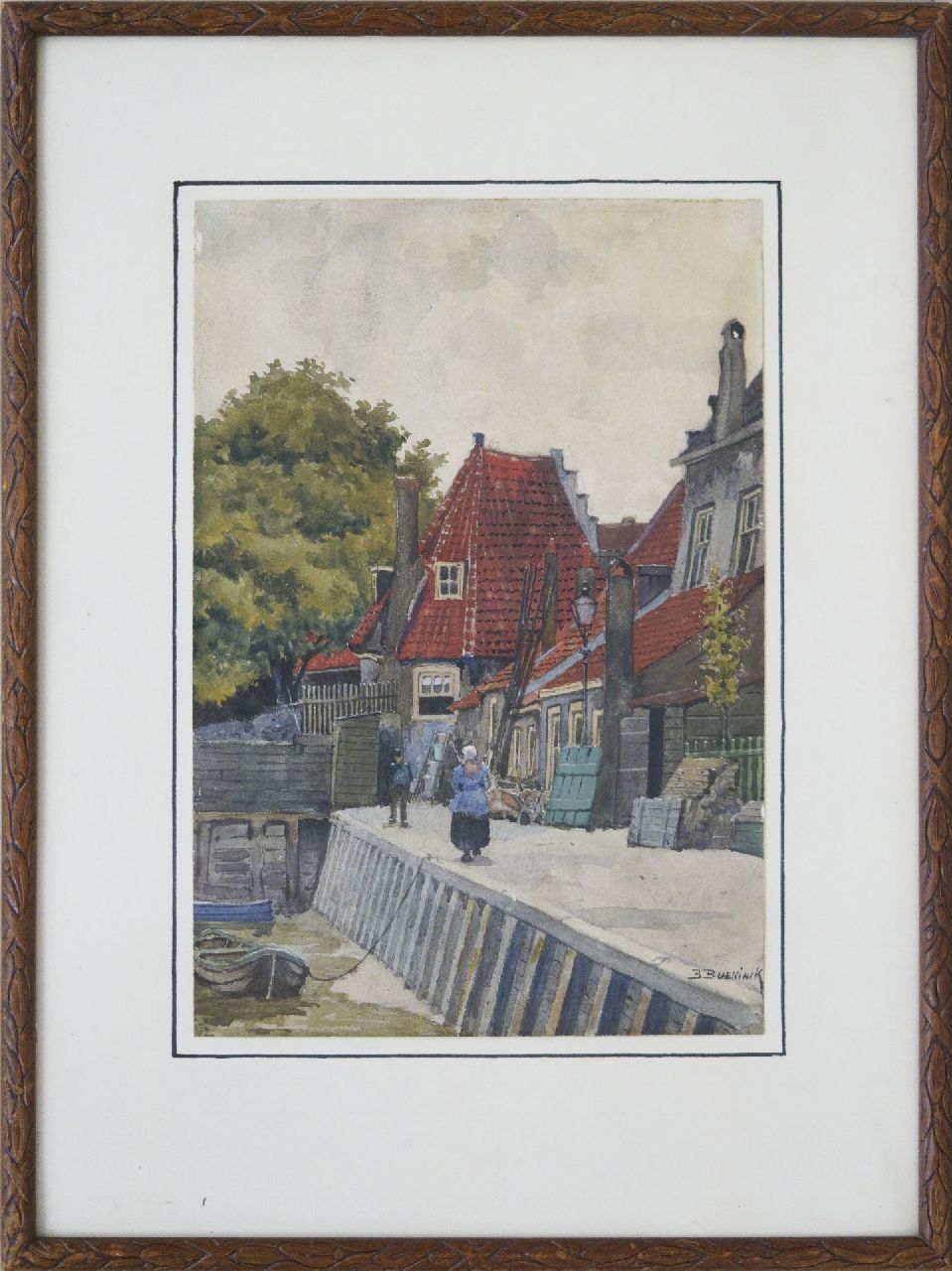 Bueninck B.  | Bernardus 'Bernard' Bueninck, Figures near a lock, watercolour on paper 26.7 x 18.2 cm, signed l.r.