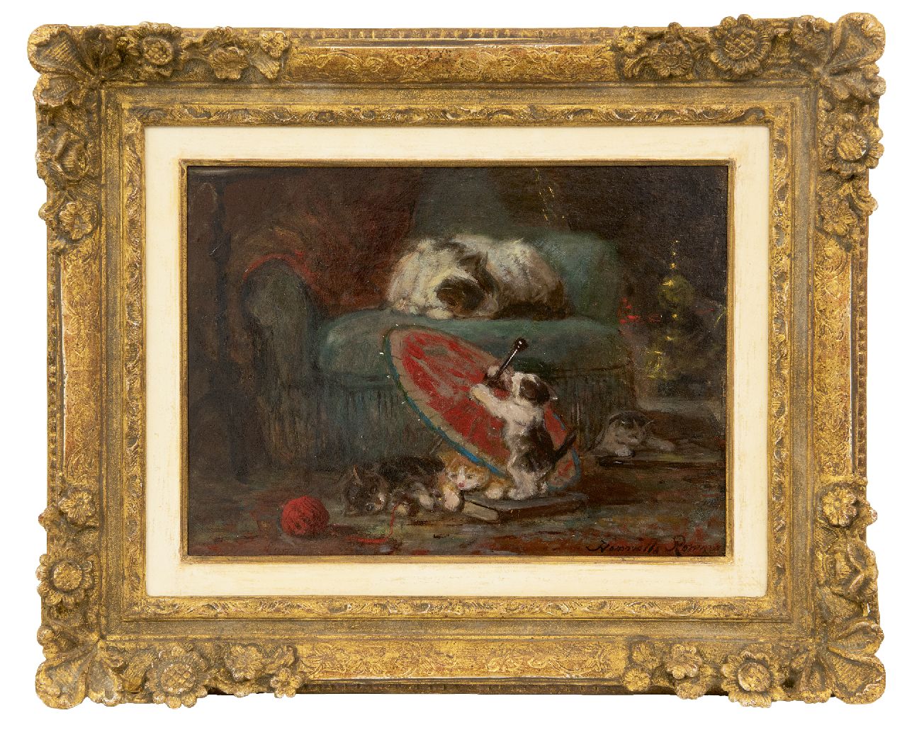 Ronner-Knip H.  | Henriette Ronner-Knip, Kittens playing with a Japanese parasol, oil on paper laid down on panel 27.3 x 36.8 cm, signed l.r. and l.l. and painted ca. 1890