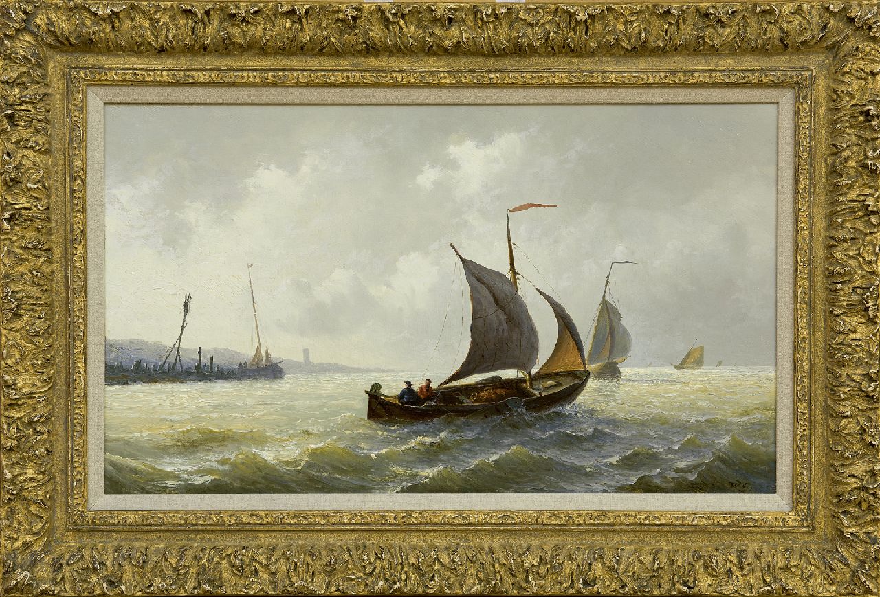 Gruijter jr. W.  | Willem Gruijter jr. | Paintings offered for sale | Sailing vessels in stormy weather, oil on panel 29.9 x 50.1 cm, signed l.r. with initials and in full on the reverse and dated 1878 on the reverse