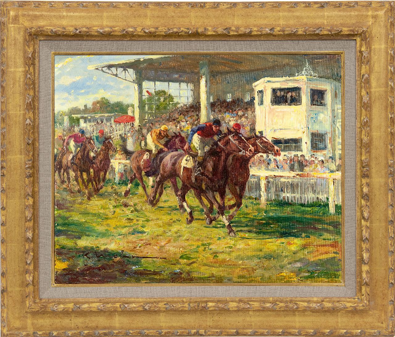 Mohr K.  | Karl Mohr | Paintings offered for sale | At the races at Köln-Weidenpesch, oil on canvas 40.3 x 50.3 cm, signed l.l.