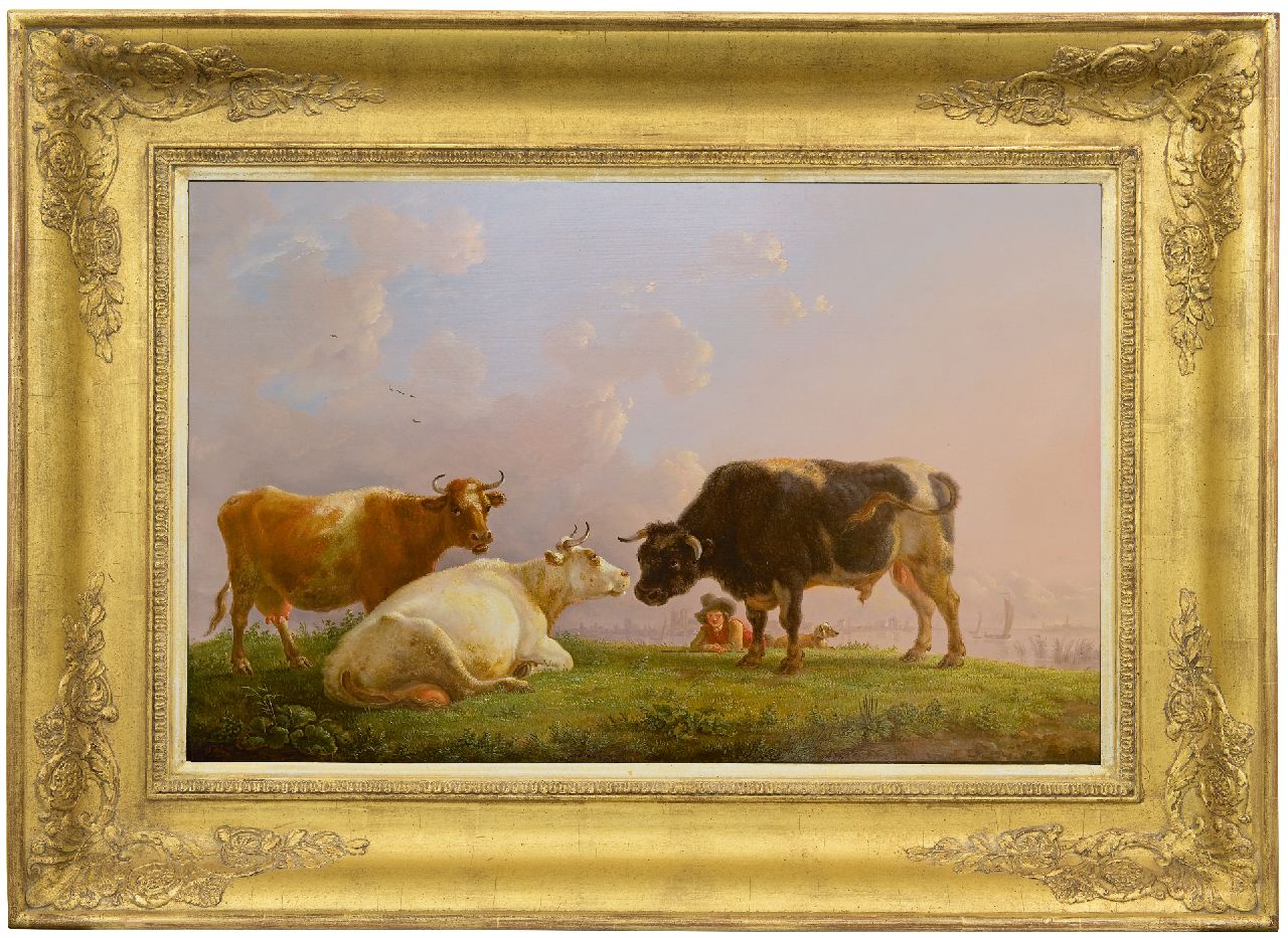 Roy J.B. de | Jean Baptiste de Roy | Paintings offered for sale | A shepherd with cows and a bull, a town in the distance, oil on panel 41.5 x 64.5 cm, signed l.r. and painted ca. 1825-1835