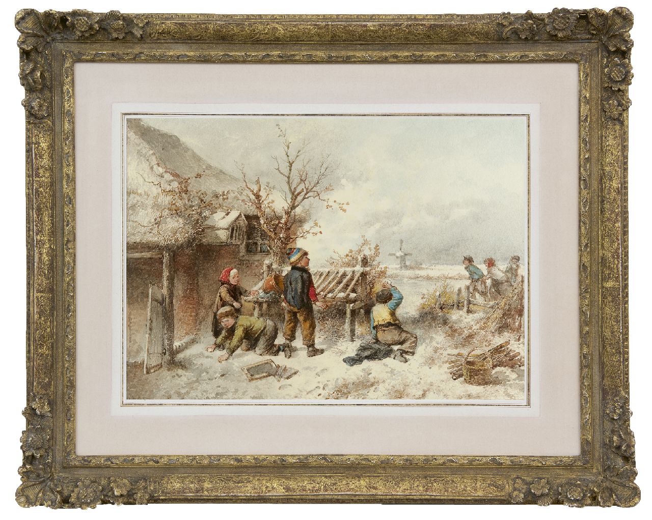 Kate J.M.H. ten | Johan 'Mari' Henri ten Kate | Watercolours and drawings offered for sale | The snowball fight and skaters, watercolour on paper 37.0 x 52.0 cm, signed l.l.