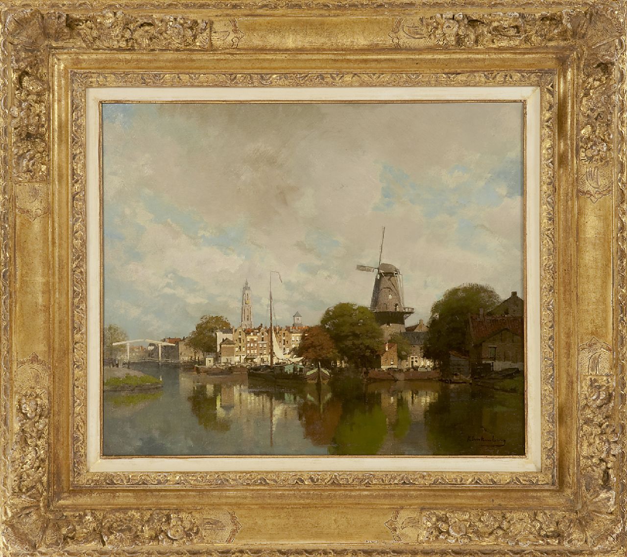 Klinkenberg J.C.K.  | Johannes Christiaan Karel Klinkenberg | Paintings offered for sale | A view of a town with the Groenmolen and tower of the Nieuwe Kerk of Delft, oil on canvas 39.5 x 47.4 cm, signed l.r.