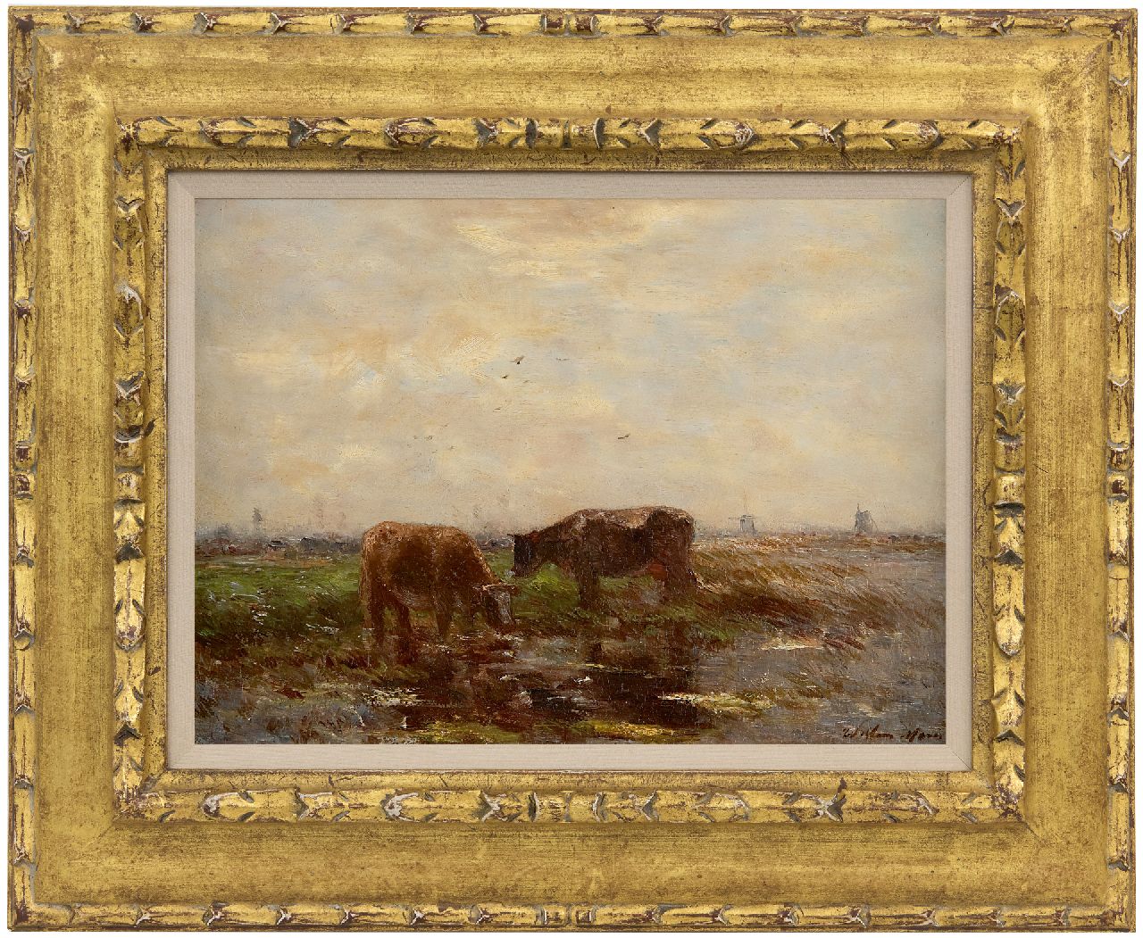 Maris W.  | Willem Maris, Two grazing cows in a polder landscape, oil on panel 24.1 x 32.6 cm, signed l.r.