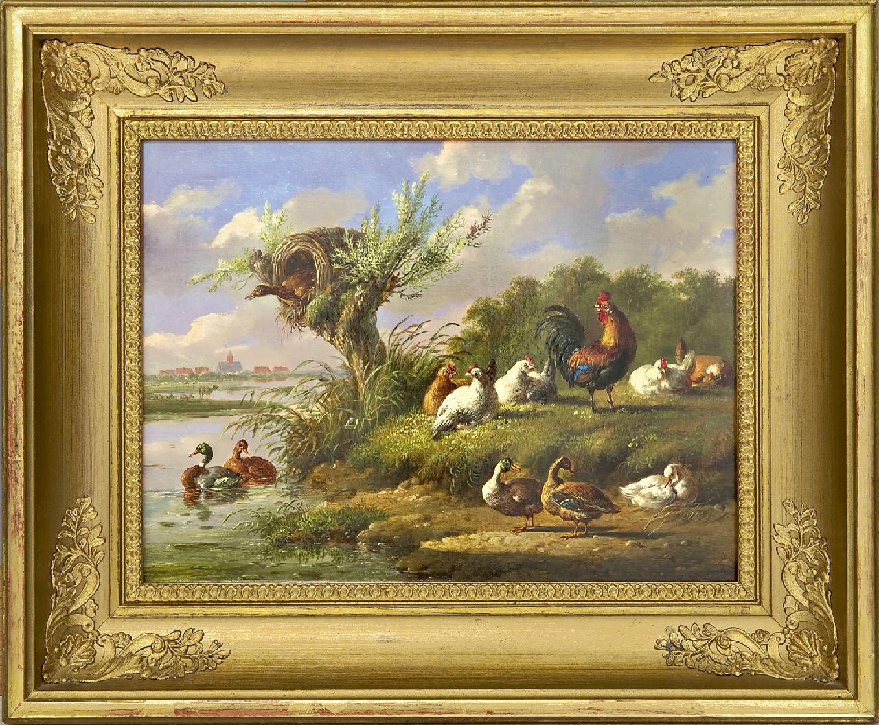Verhoesen A.  | Albertus Verhoesen, Poulty near the waterfront, oil on panel 20.7 x 27.0 cm