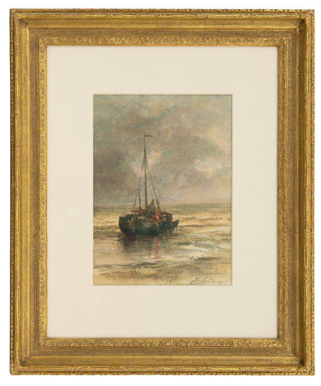 Verwoert M.E.  | Maria 'Elisabeth' Verwoert | Watercolours and drawings offered for sale | Moored fishing boat near the beach, watercolour on paper 29.8 x 22.2 cm, signed l.r.