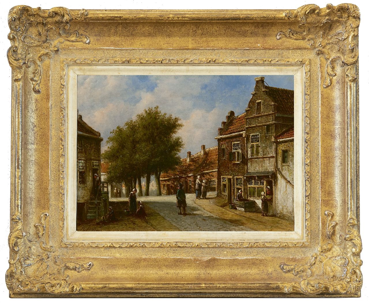 Vertin P.G.  | Petrus Gerardus Vertin, A view of Enkhuizen near the corner Dijk/Sint Janstraat, oil on panel 17.5 x 24.5 cm, signed l.l.