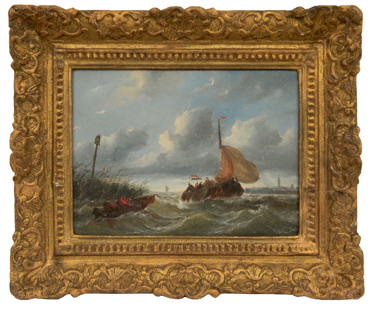 Beest A. van | Albertus van Beest | Paintings offered for sale | Ship entering a harbour in choppy weather, oil on panel 23.5 x 33.6 cm, signed l.r.