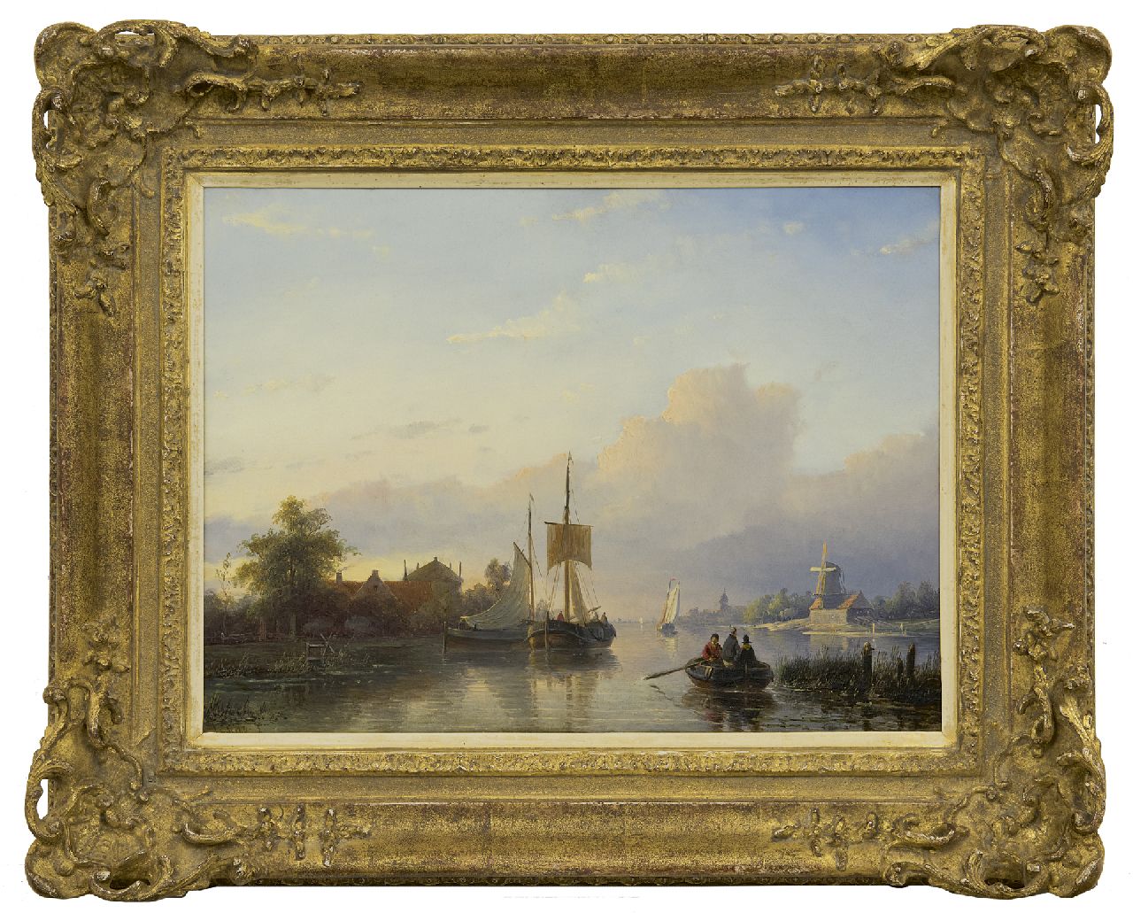 Spohler J.J.  | Jan Jacob Spohler, A river landscape with sailing vessels and a rowing boat, oil on panel 32.5 x 43.7 cm, signed l.l.