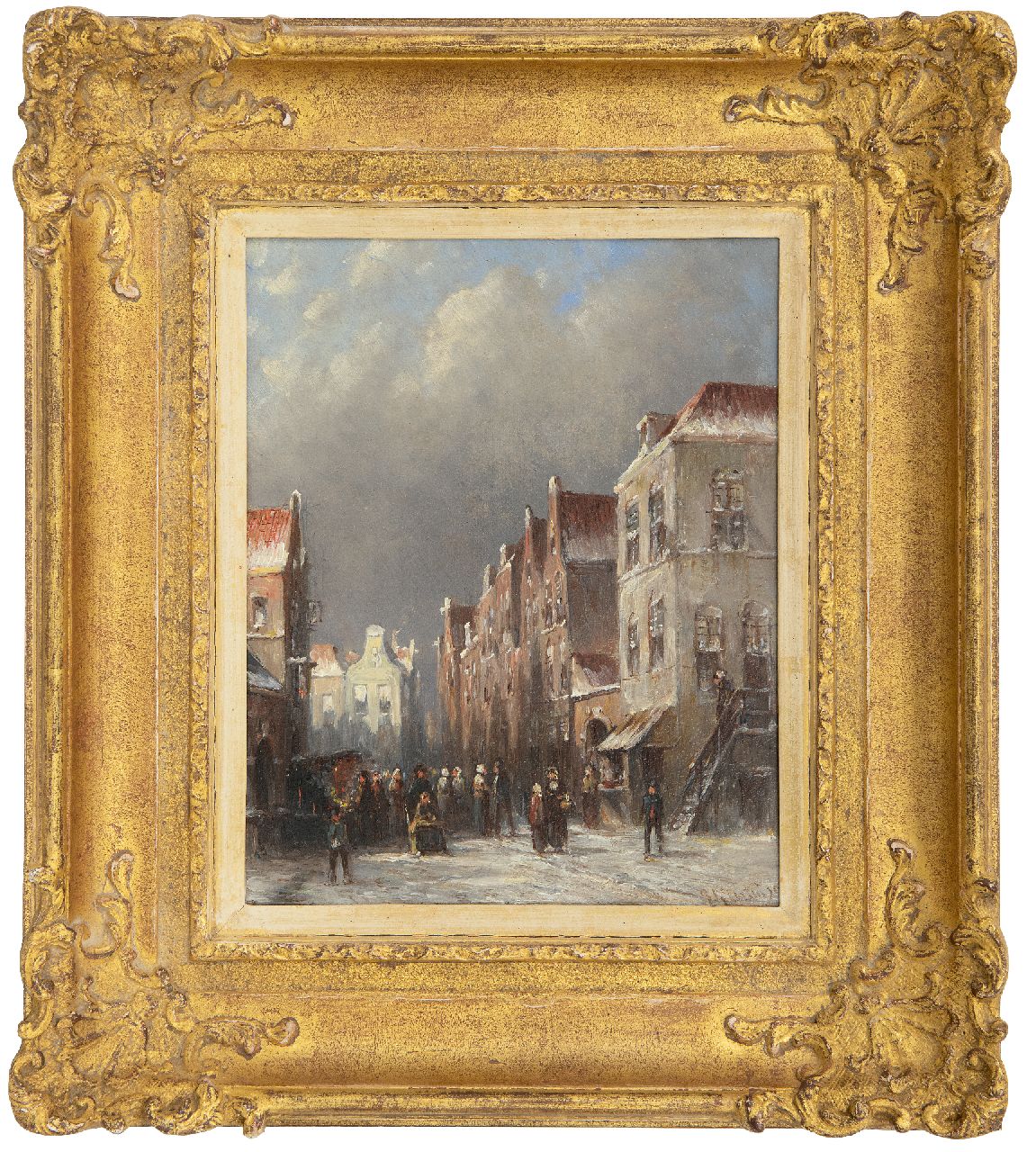 Vertin P.G.  | Petrus Gerardus Vertin | Paintings offered for sale | A busy streetview in winter with figures by a stall, oil on panel 22.1 x 17.7 cm, signed l.r. and dated '92