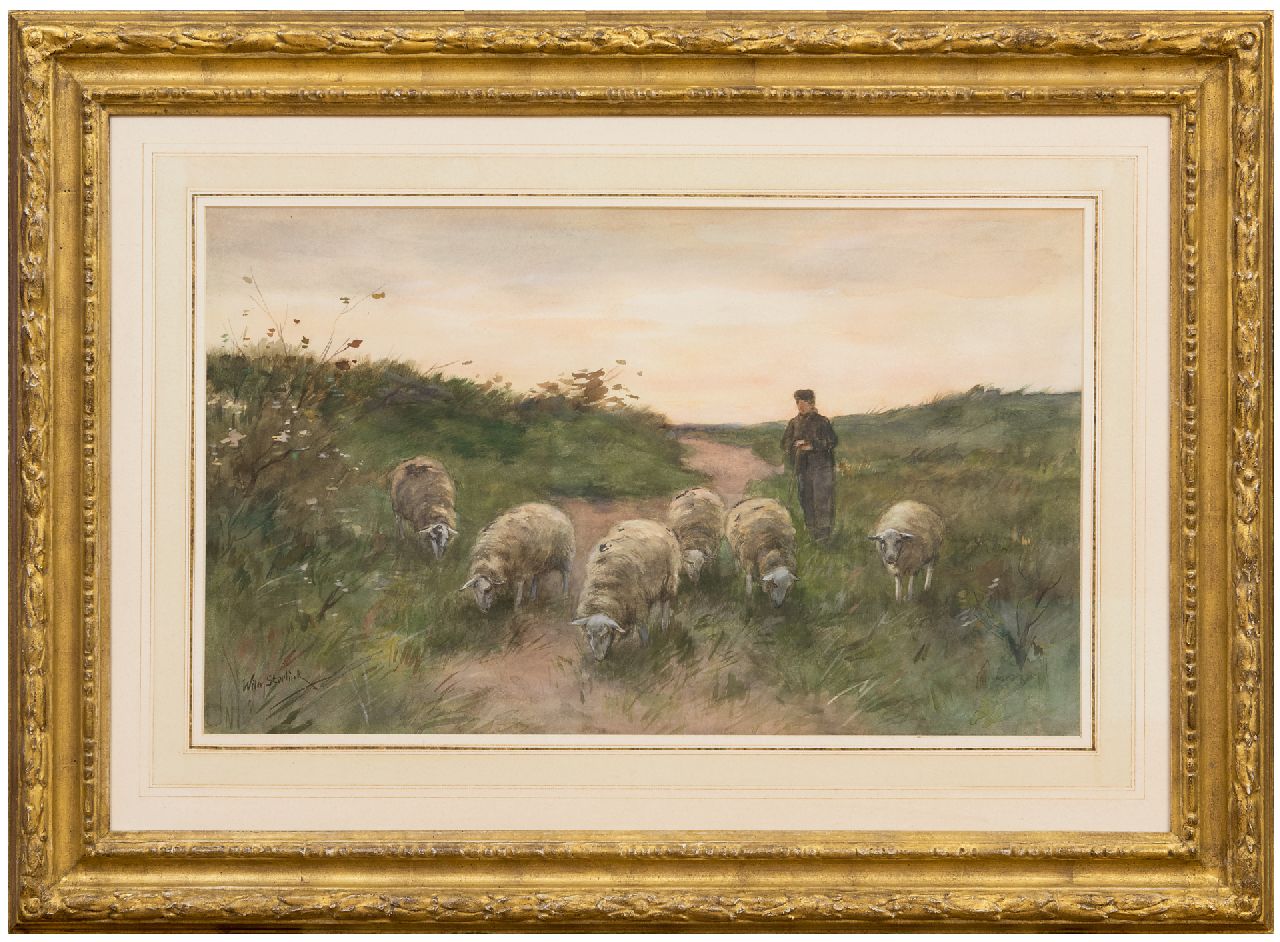 Steelink jr. W.  | Willem Steelink jr., Shepherd with his flock, watercolour on paper 36.8 x 60.9 cm, signed l.l.