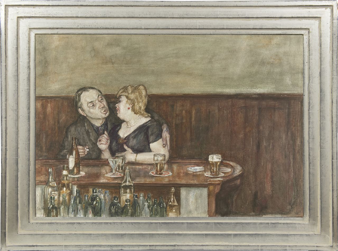 Kemper C.J.  | Charles Jean Kemper | Watercolours and drawings offered for sale | The artist Jan Burgerhout with lover in a café, watercolour on paper 49.6 x 74.2 cm, signed l.l. and dated '68