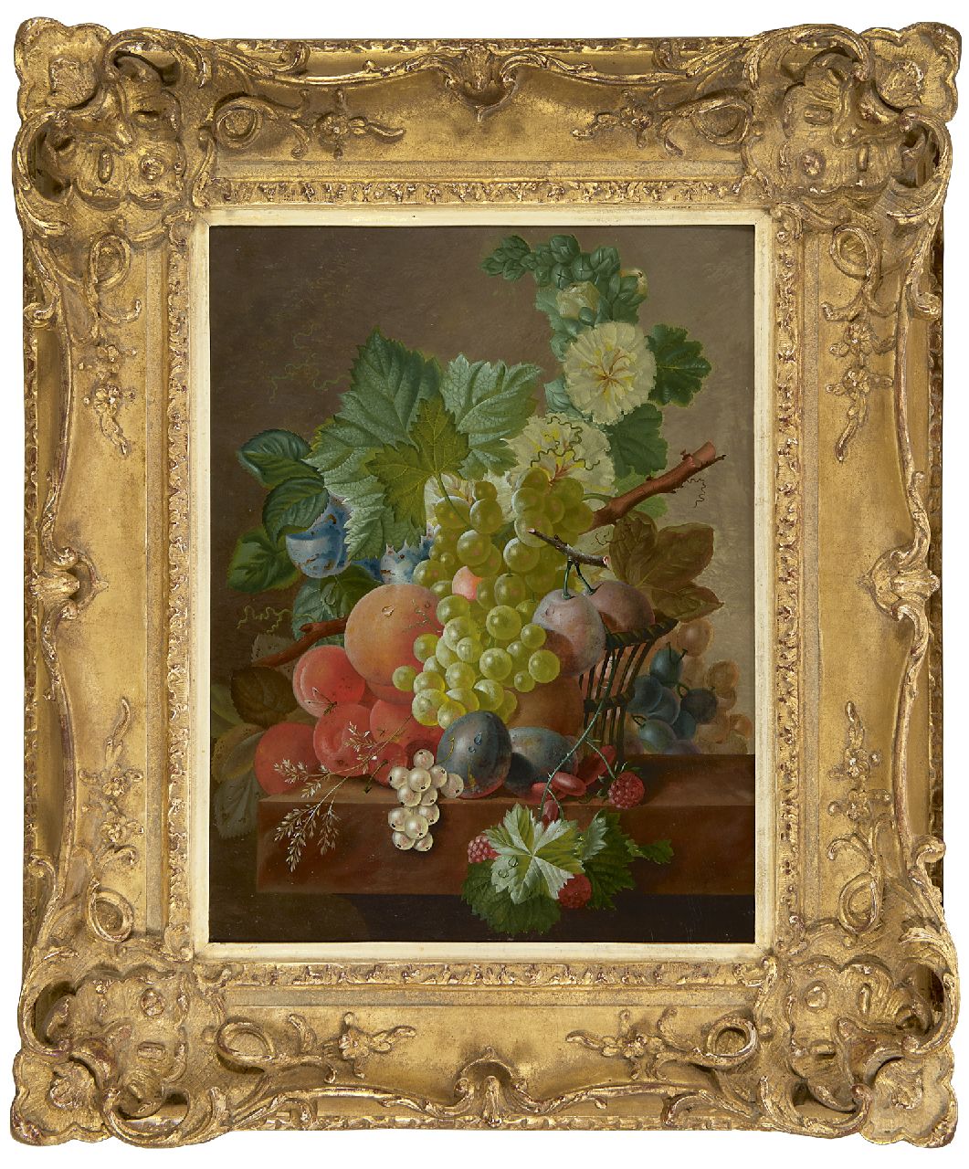 Bruyn J.C. de | Johannes Cornelis de Bruyn | Paintings offered for sale | Grapes, peaches and other fruit on a stone ledge, oil on panel 42.6 x 32.6 cm