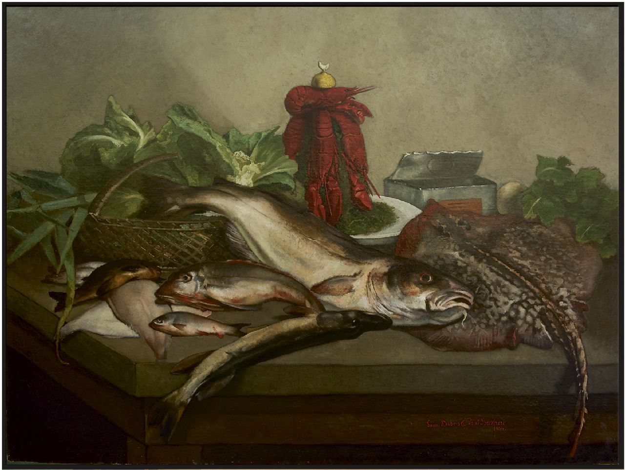 Dubois/Speekaert L./L.  | Louis/Léopold Dubois/Speekaert | Paintings offered for sale | A still life with fish and lobster, oil on canvas 105.9 x 142.2 cm, signed l.r. by both artists and dated 1866