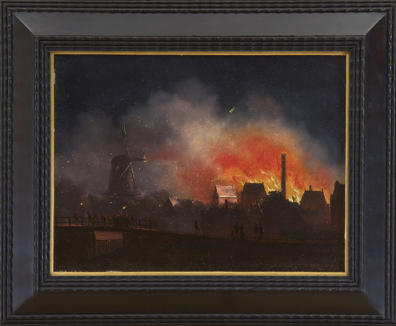 Cate H.G. ten | Hendrik Gerrit ten Cate, Fire at night (possibly the sugar refinery J.H. Rupe & Zn te Amsterdam, 19 October 1845), oil on panel 21.0 x 27.7 cm, signed l.r. and dated 1849