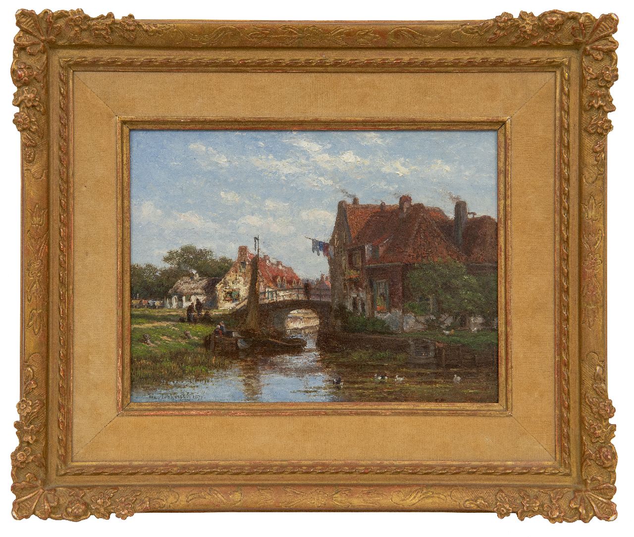 Lokhorst J.N. van | Johan Nicolaas 'Jan' van Lokhorst | Paintings offered for sale | A village stream with moored vessels, oil on panel 17.9 x 23.9 cm, signed l.l. and dated 1870
