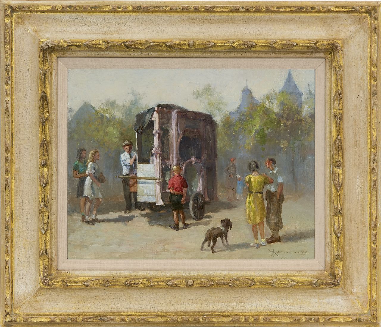 Kaemmerer J.H.  | Johan Hendrik 'Joh. H.' Kaemmerer | Paintings offered for sale | The street organ, oil on panel 21.6 x 27.8 cm, signed l.r.