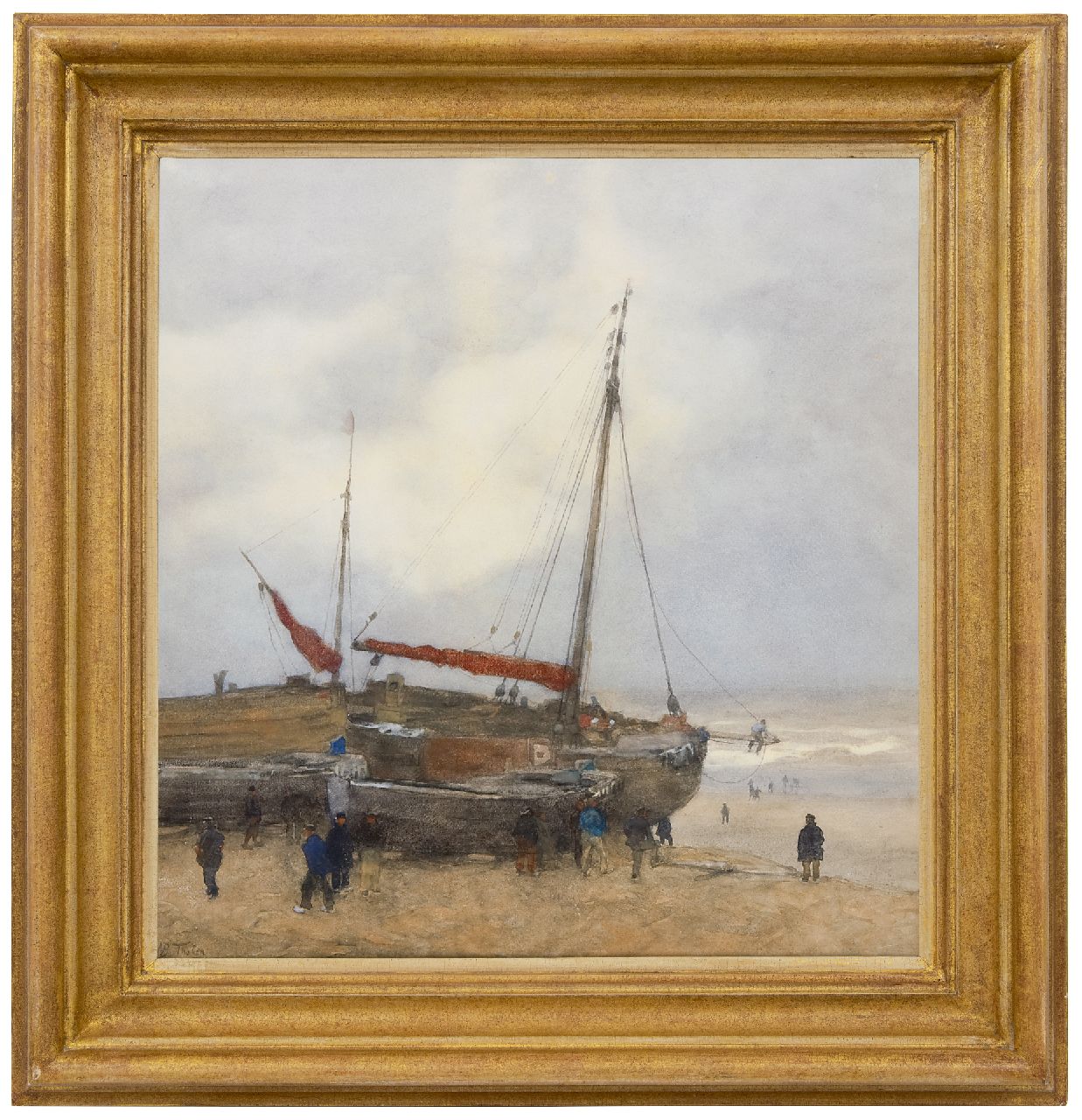 Tholen W.B.  | Willem Bastiaan Tholen | Watercolours and drawings offered for sale | Fishing boats on the beach at Scheveningen, watercolour and gouache on paper 55.0 x 52.0 cm, signed l.l.