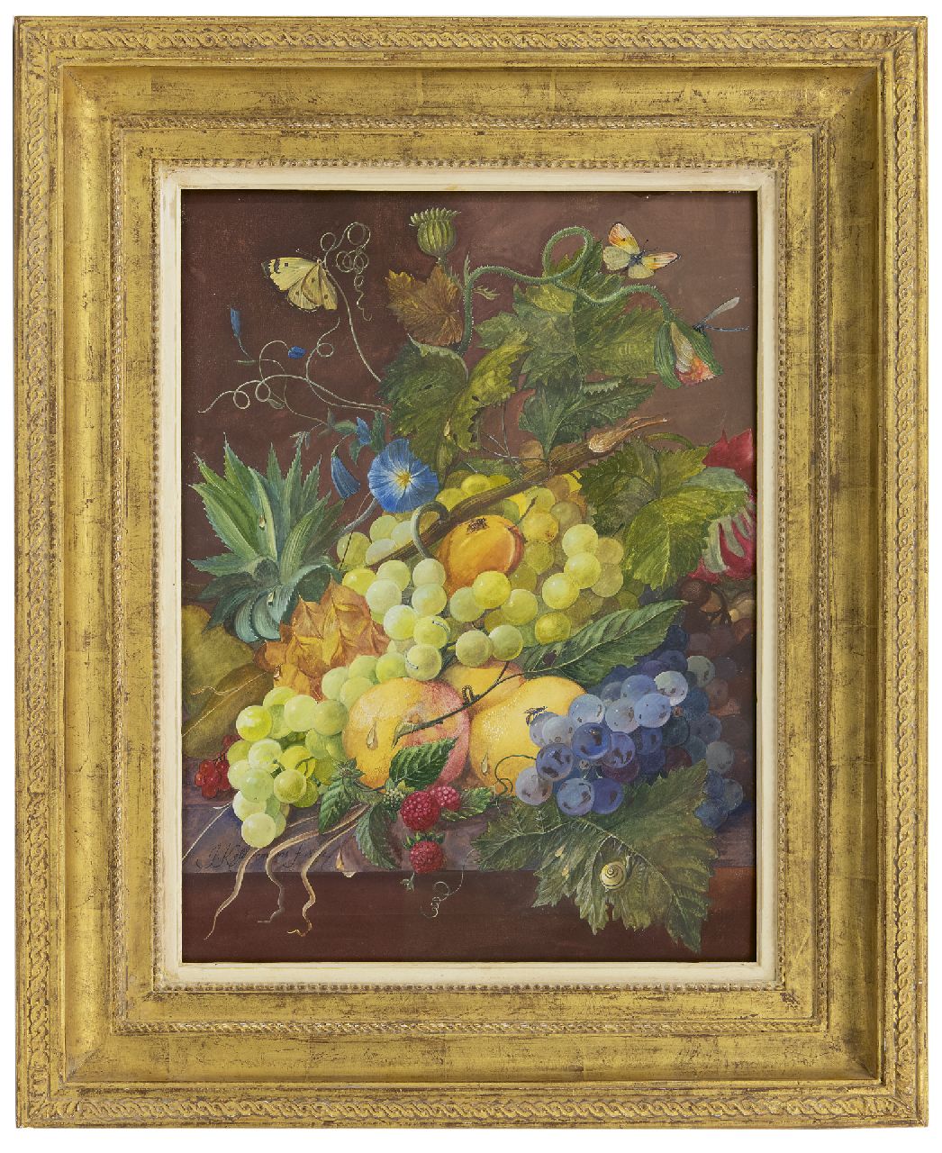 Keldermans J.  | J. Keldermans | Watercolours and drawings offered for sale | A still life with flowers and fruit, gouache on paper 43.2 x 32.0 cm, signed l.l. and dated 18(?)2