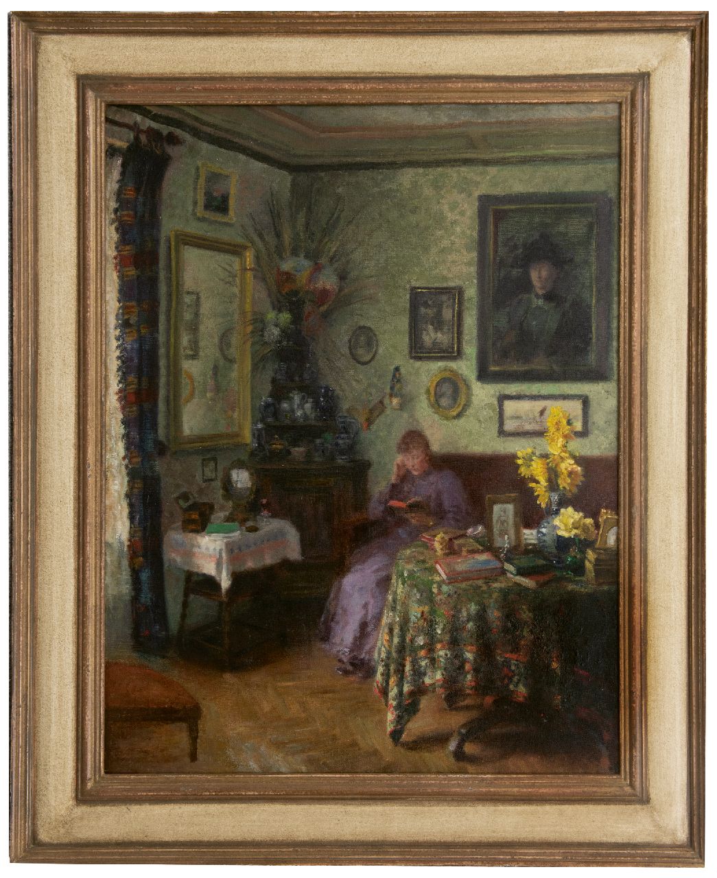 Hollandse School, begin 20e eeuw   | Hollandse School, begin 20e eeuw | Paintings offered for sale | Interior with woman reading, oil on canvas 85.4 x 66.4 cm