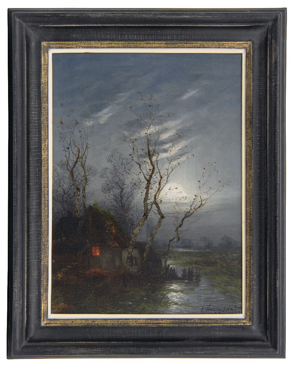 Jungblut J.  | Johann Jungblut, Polder farm by moonlight, oil on panel 24.0 x 17.7 cm, signed l.r.