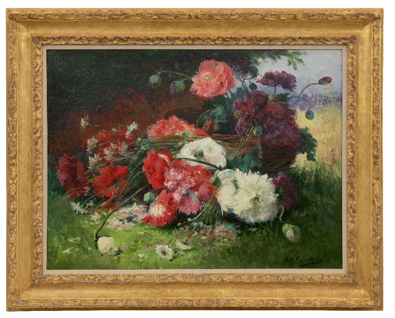 Cauchois E.H.  | Eugène-Henri Cauchois | Paintings offered for sale | A flower still life with poppies and daisies, oil on canvas 60.4 x 81.3 cm, signed l.r.