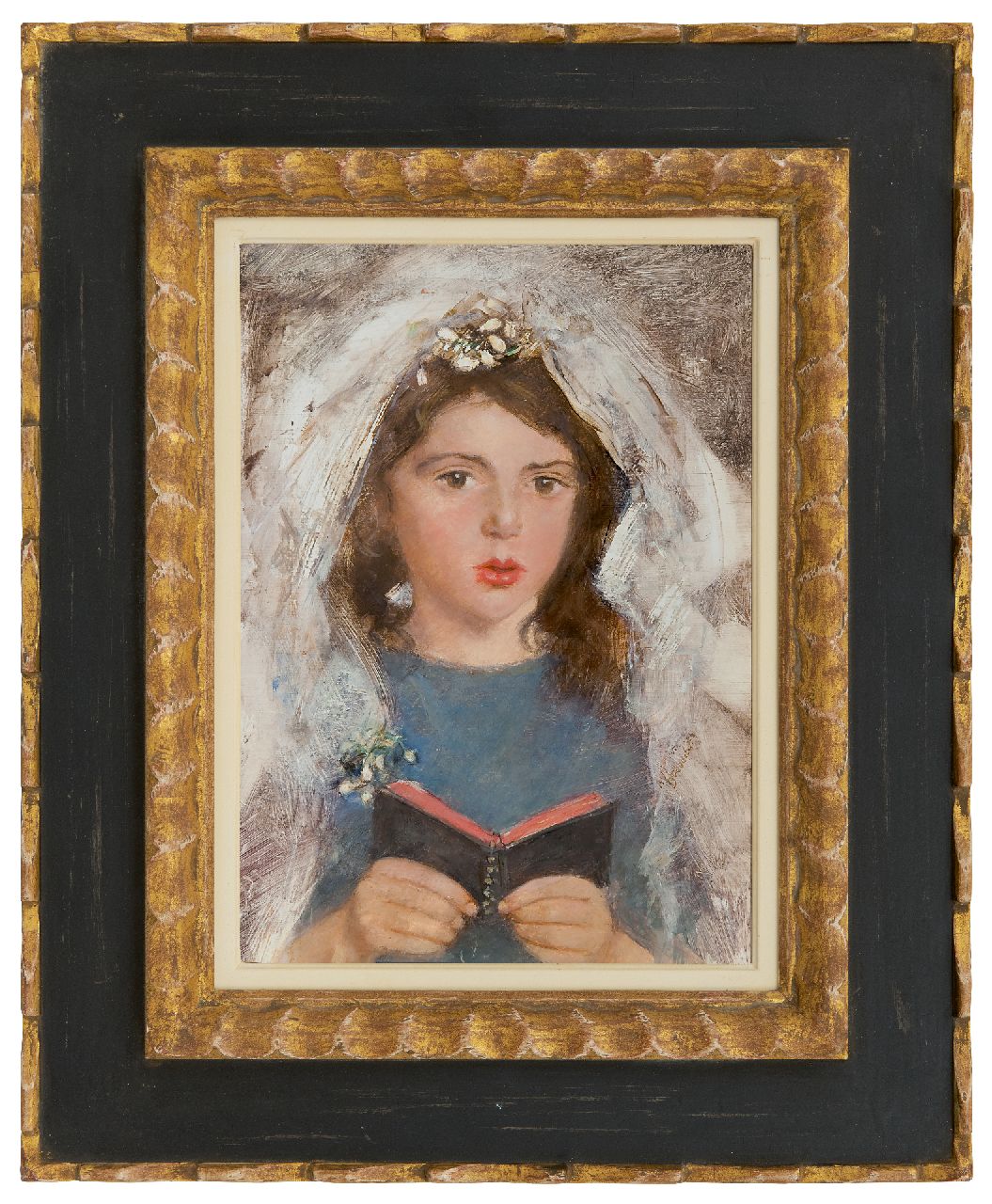 Broedelet A.V.L.  | 'André' Victor Leonard Broedelet, Communicant Emmetje de Leeuw, oil on painter's board 30.3 x 21.5 cm, signed l.c.