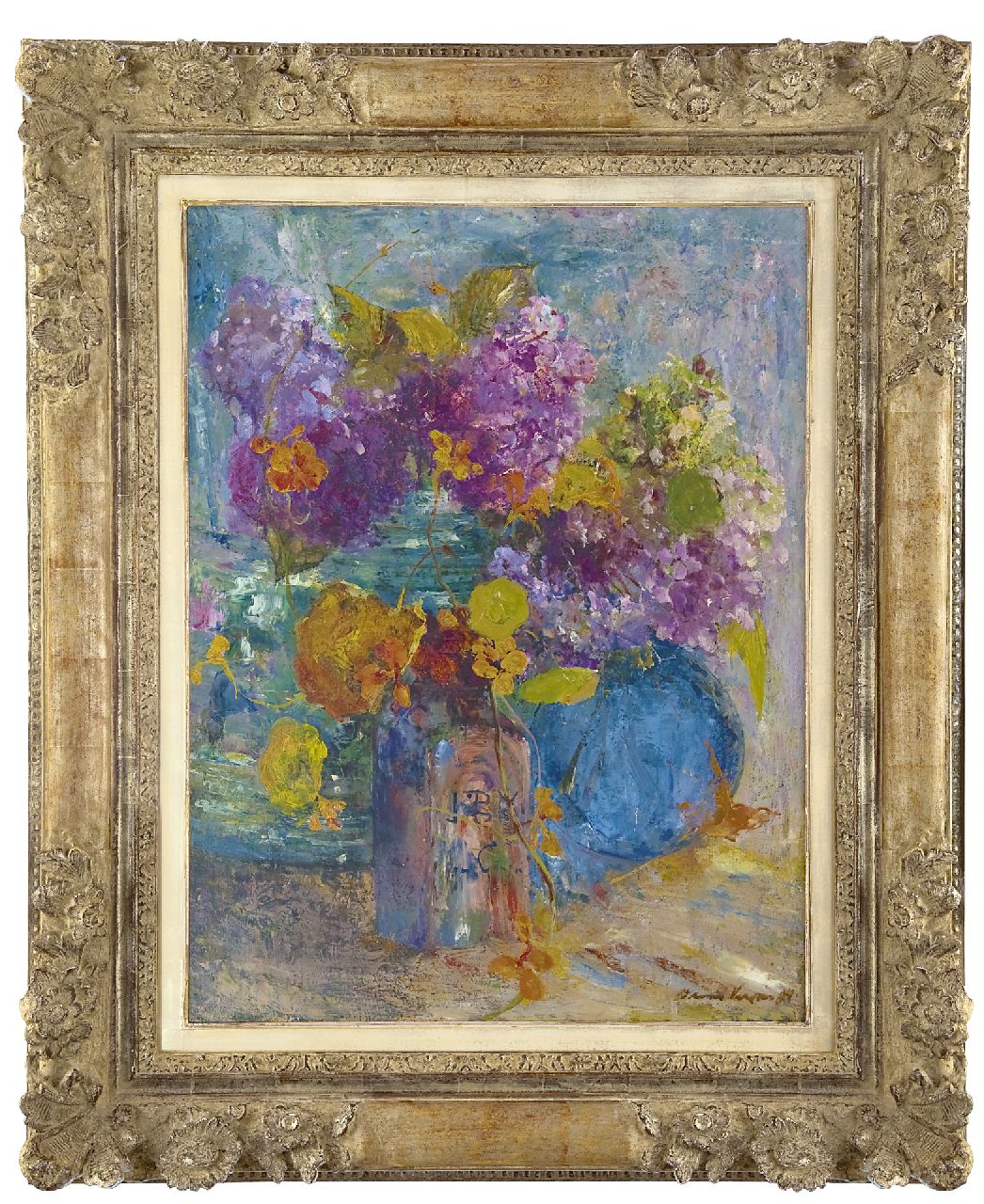 Verster van Wulverhorst (Floris Verster) F.H.  | Floris Hendrik Verster van Wulverhorst (Floris Verster), Glass vases with nasturtium and hortensias, oil on canvas 73.7 x 56.5 cm, signed l.r. and dated '94